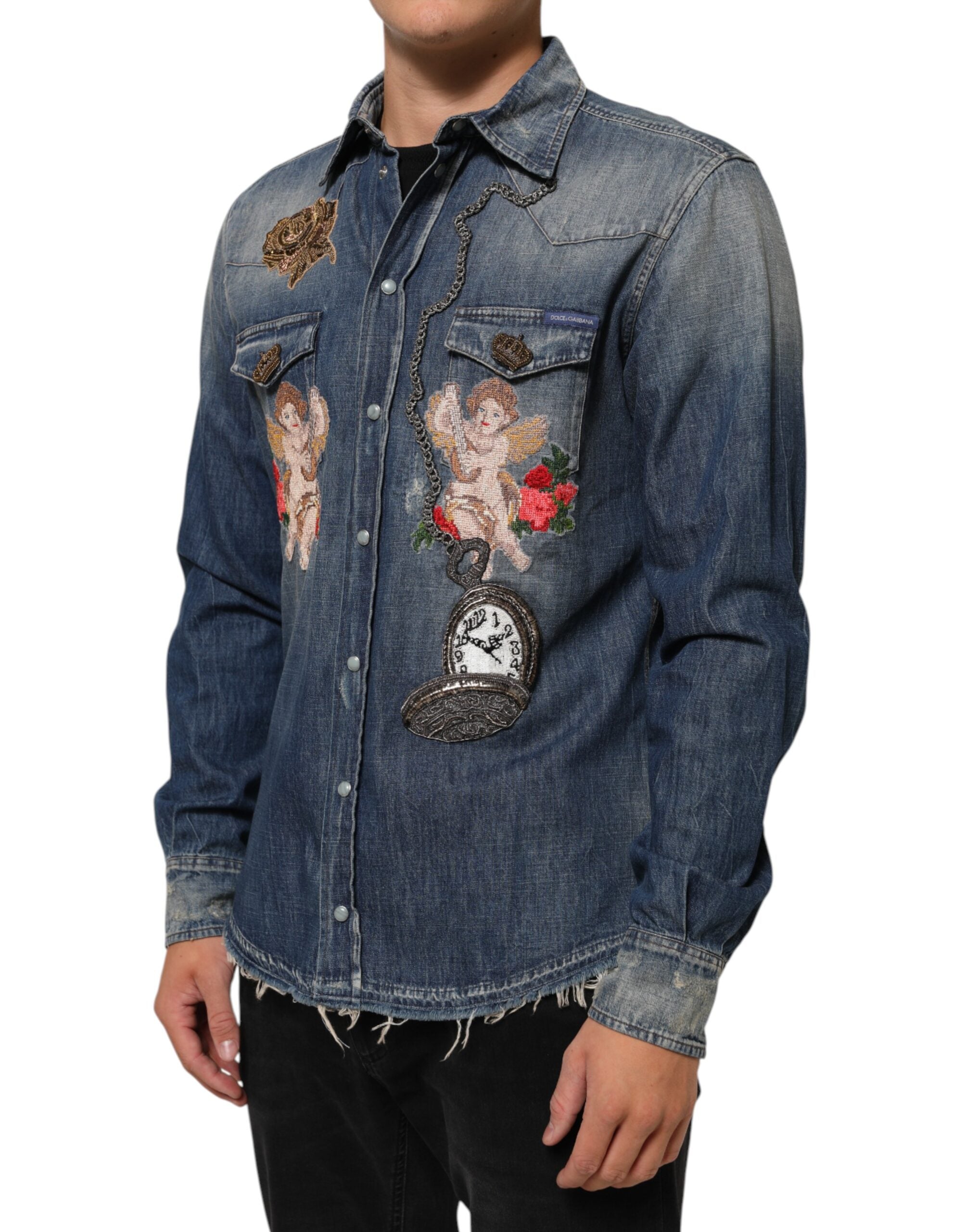 Camisa vaquera con botones y parche de ángel azul de Dolce & Gabbana para hombre-3