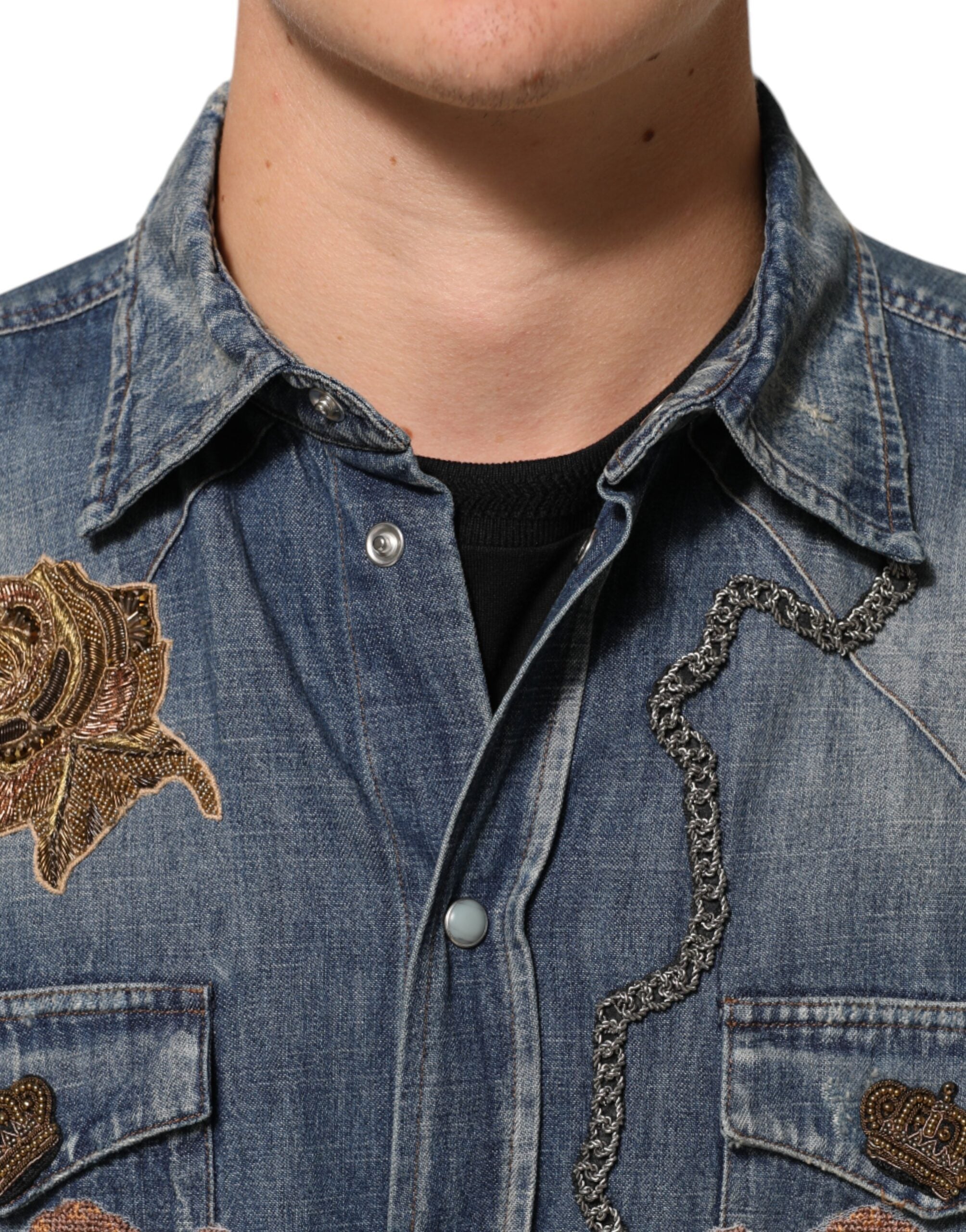 Camisa vaquera con botones y parche de ángel azul de Dolce & Gabbana para hombre-5