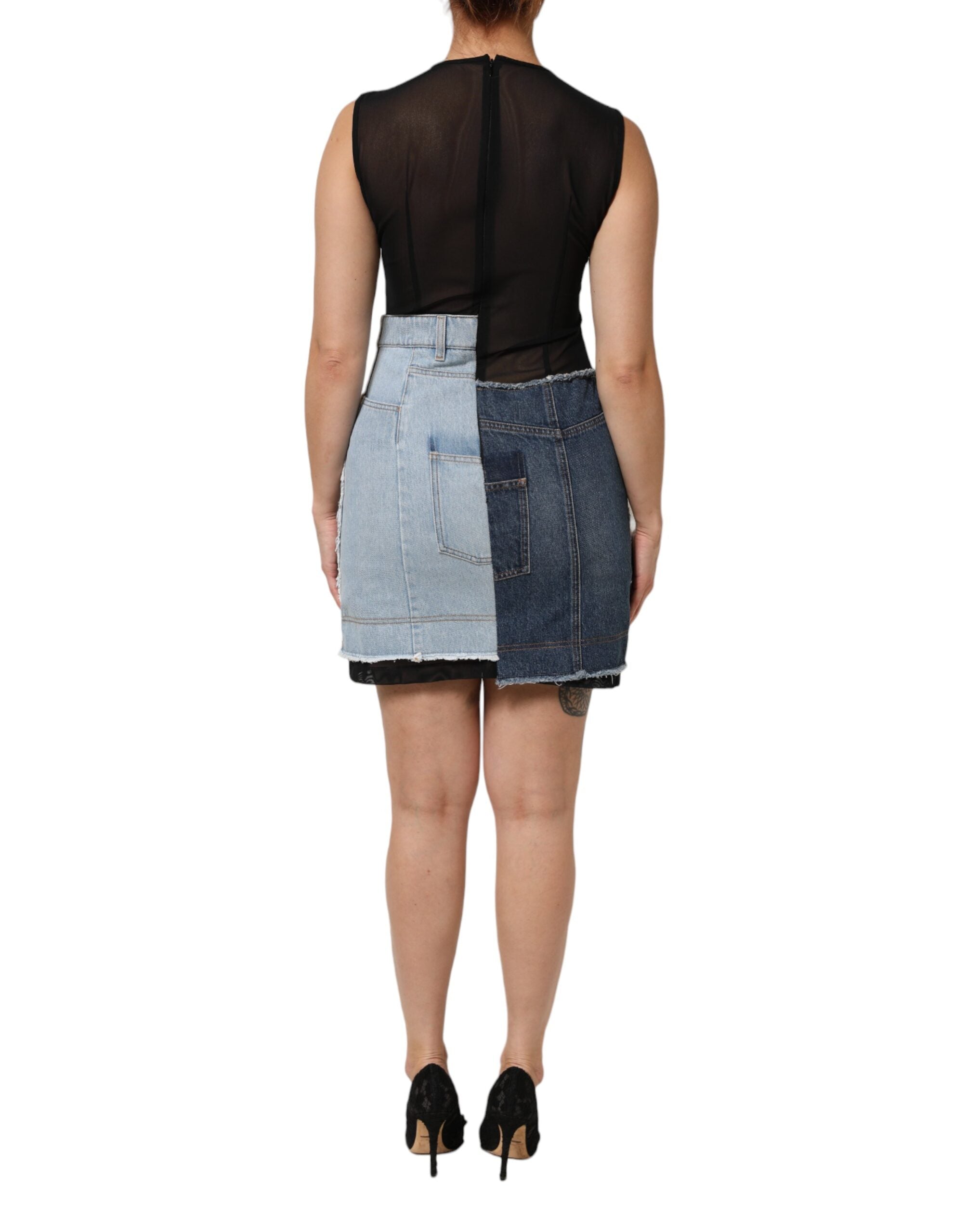 Minivestido vaquero con patchwork de nailon azul de Dolce & Gabbana-5