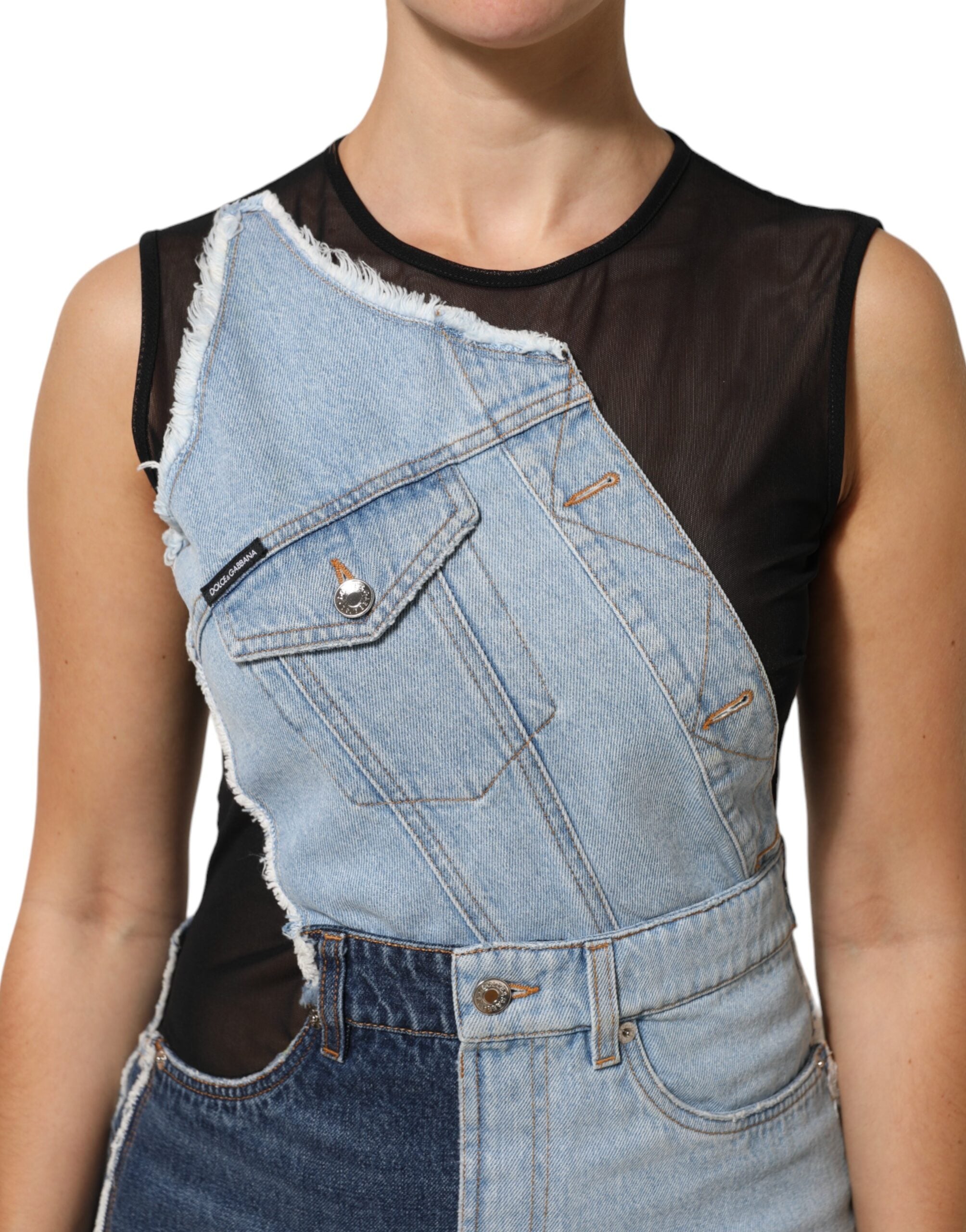 Minivestido vaquero con patchwork de nailon azul de Dolce & Gabbana-6