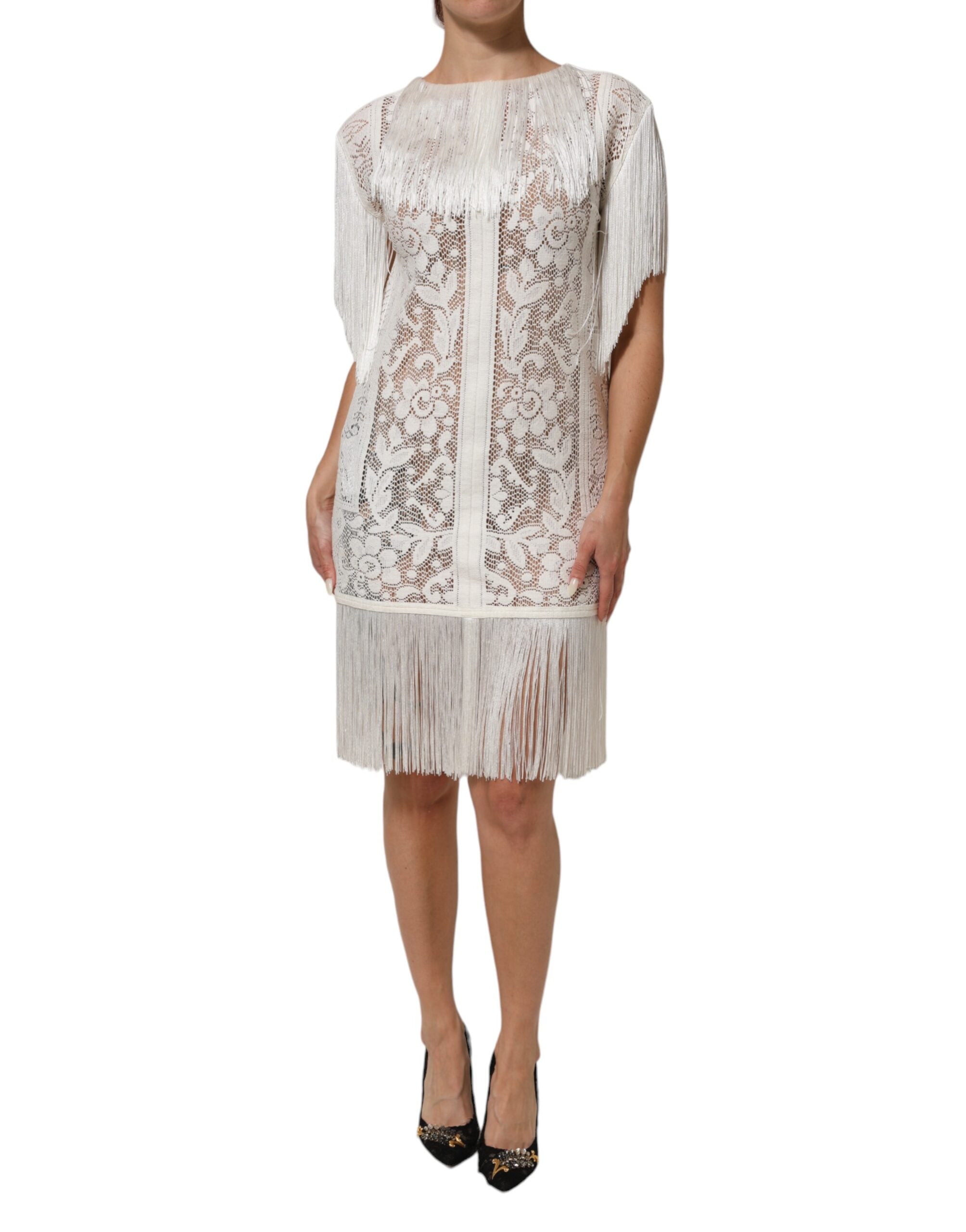 Dolce & Gabbana white knee-length dress in floral lace with fringe-2