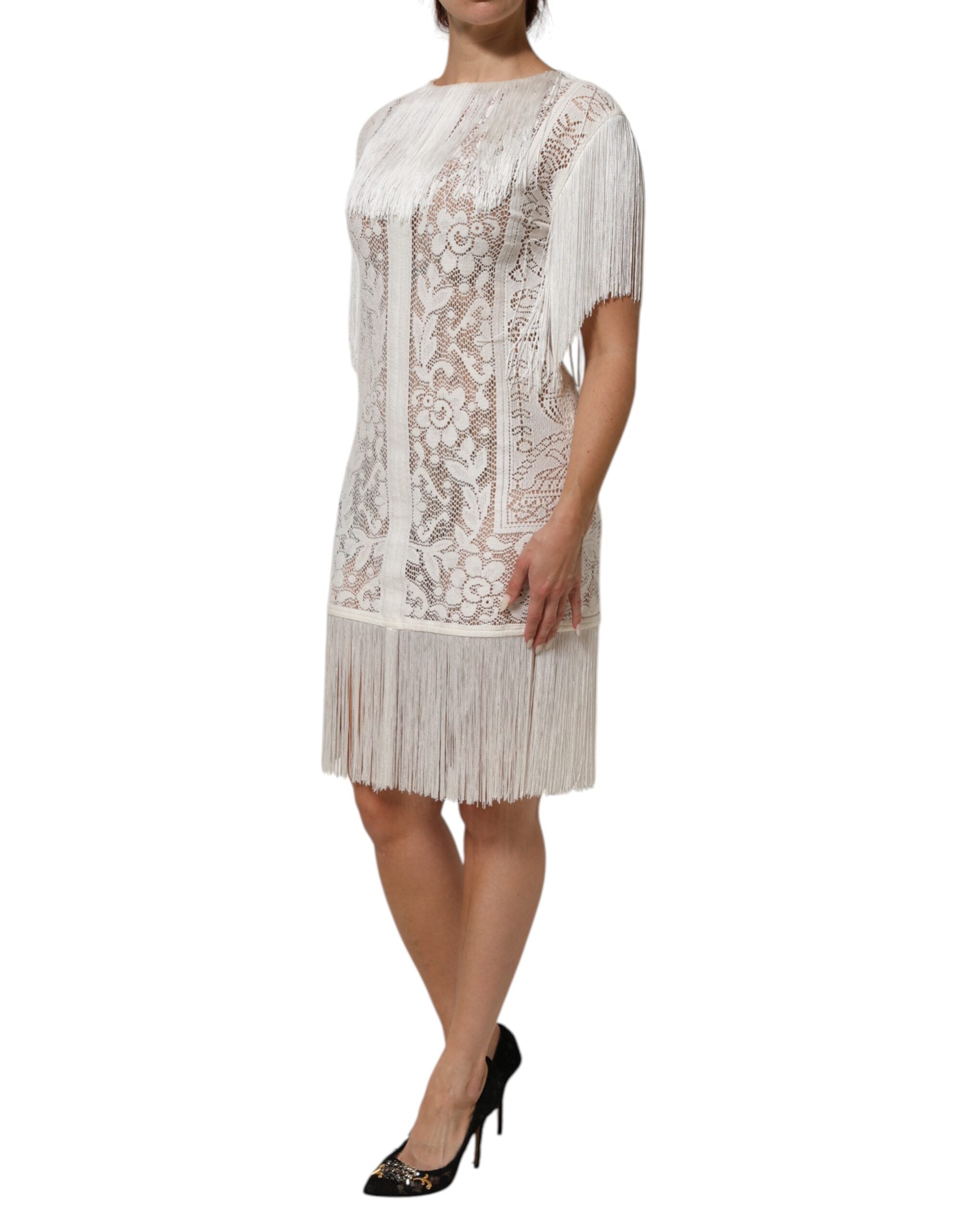 Dolce & Gabbana white knee-length dress in floral lace with fringe-3