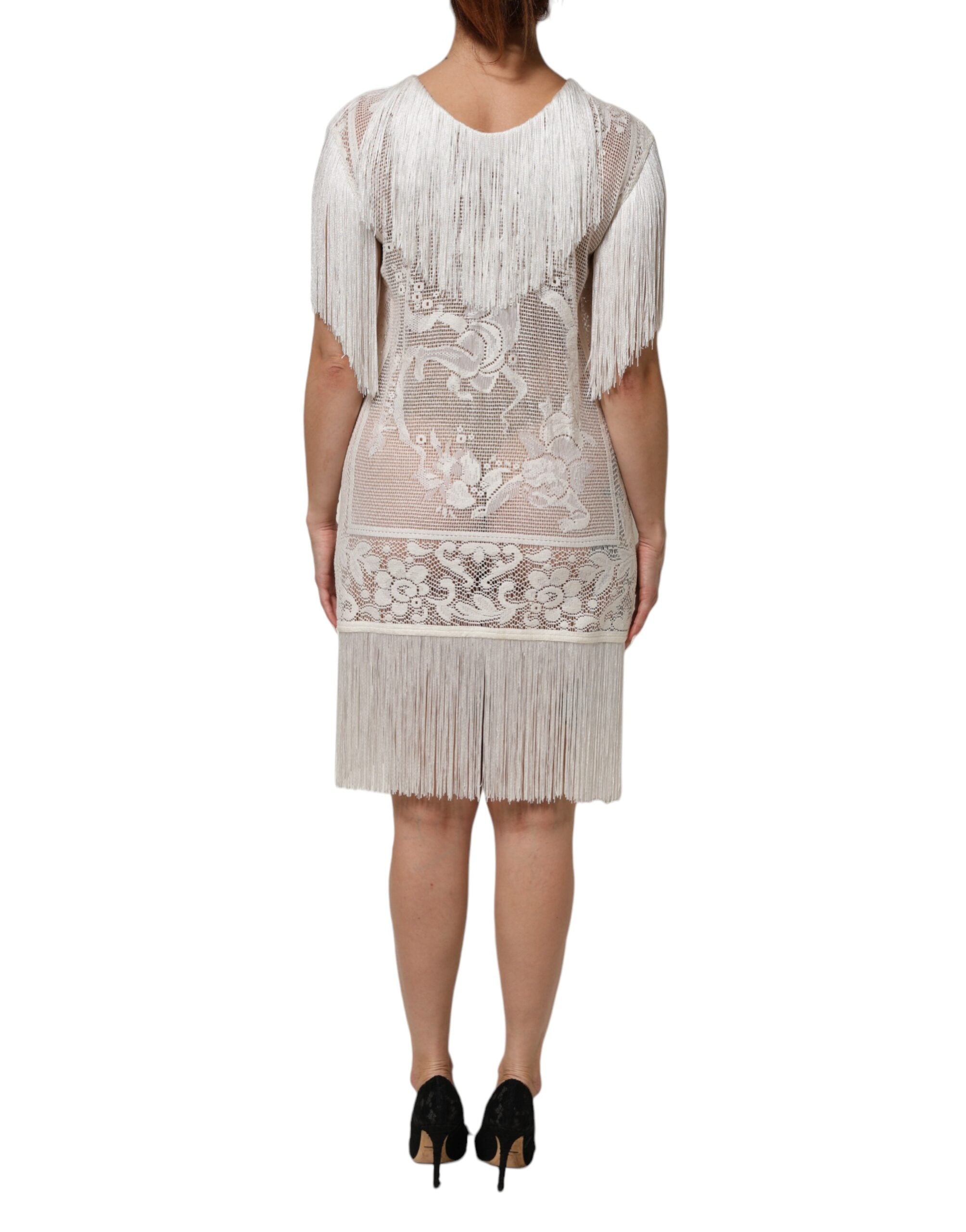 Dolce & Gabbana white knee-length dress in floral lace with fringe-4