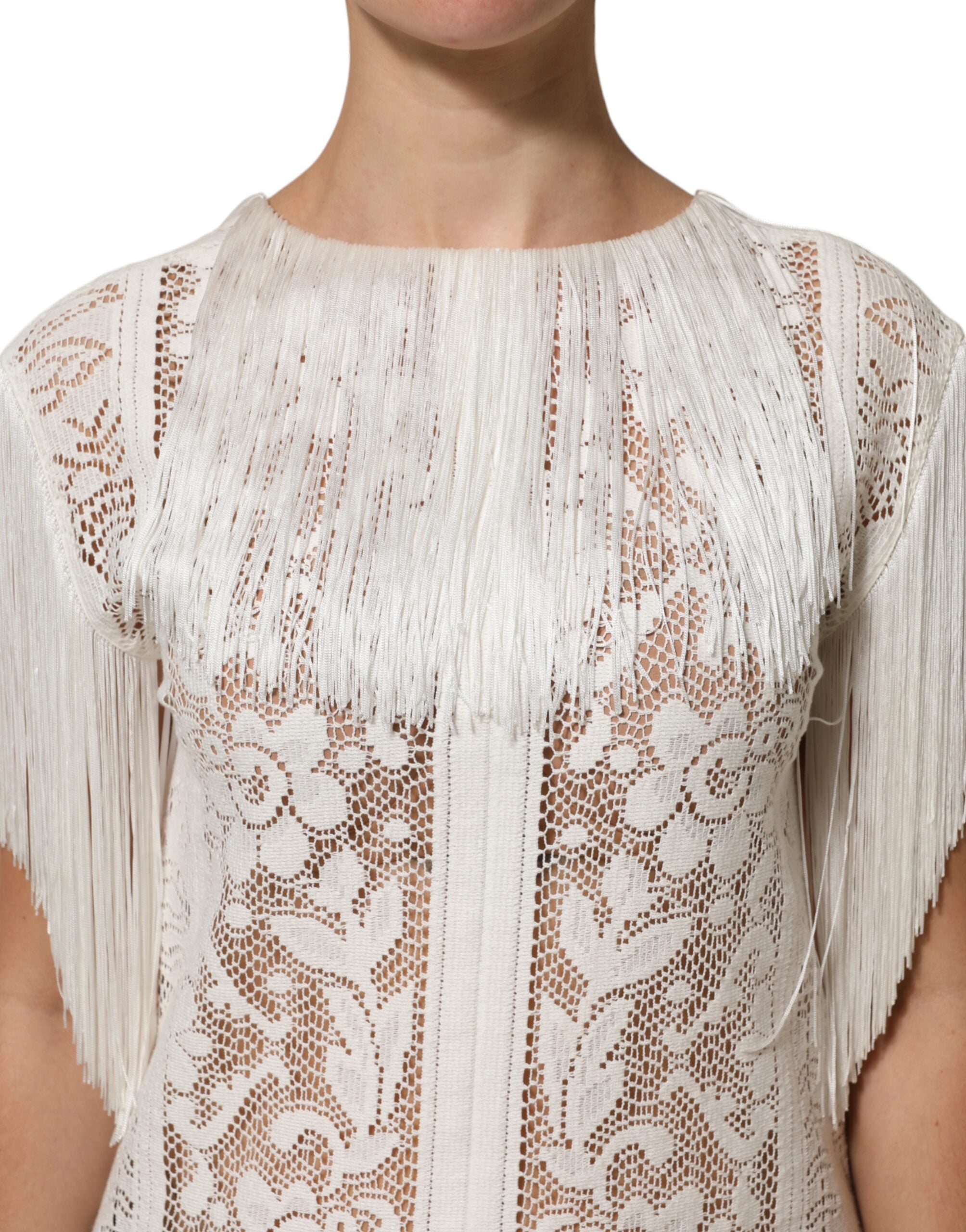 Dolce & Gabbana white knee-length dress in floral lace with fringe-5