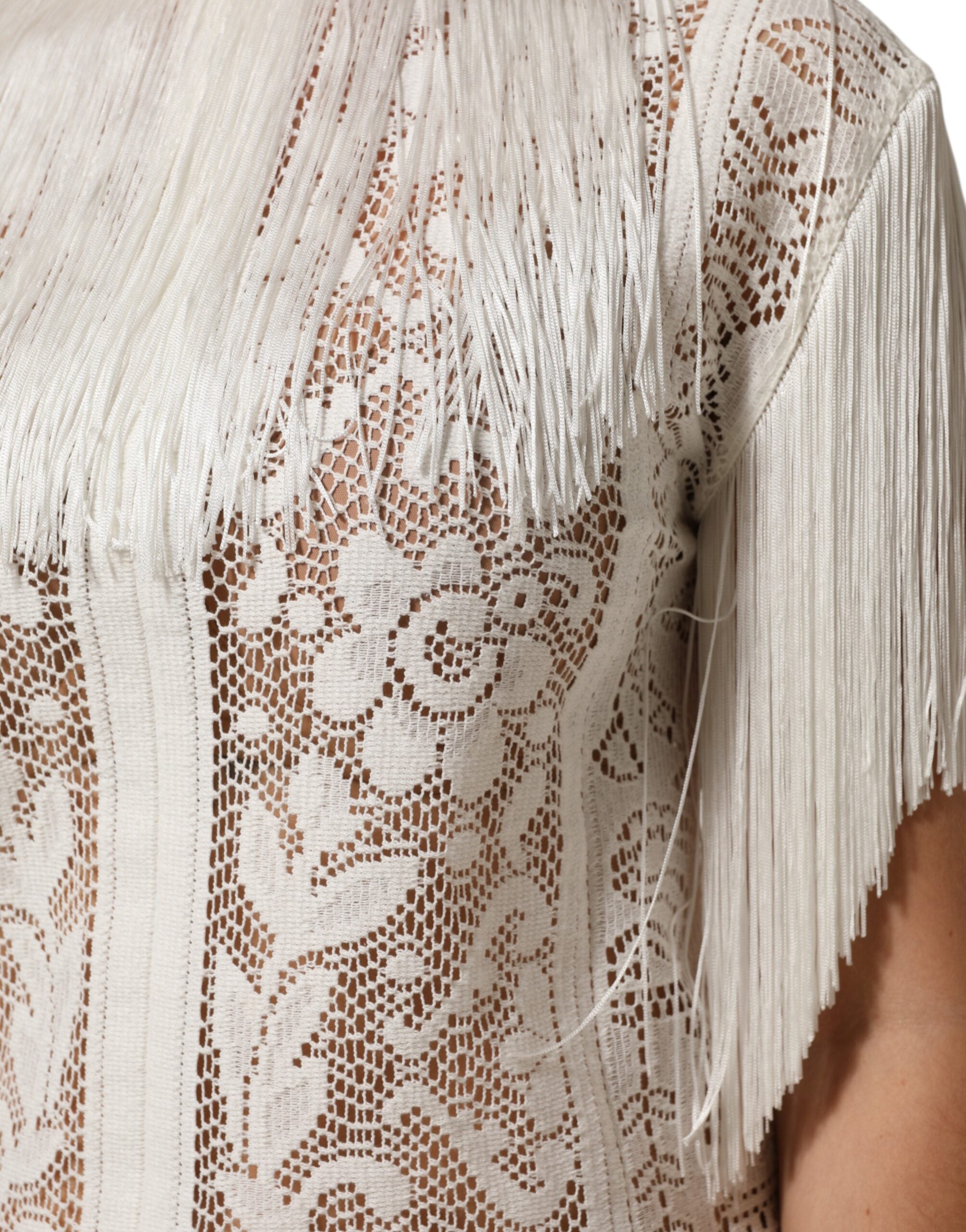 Dolce & Gabbana white knee-length dress in floral lace with fringe-6