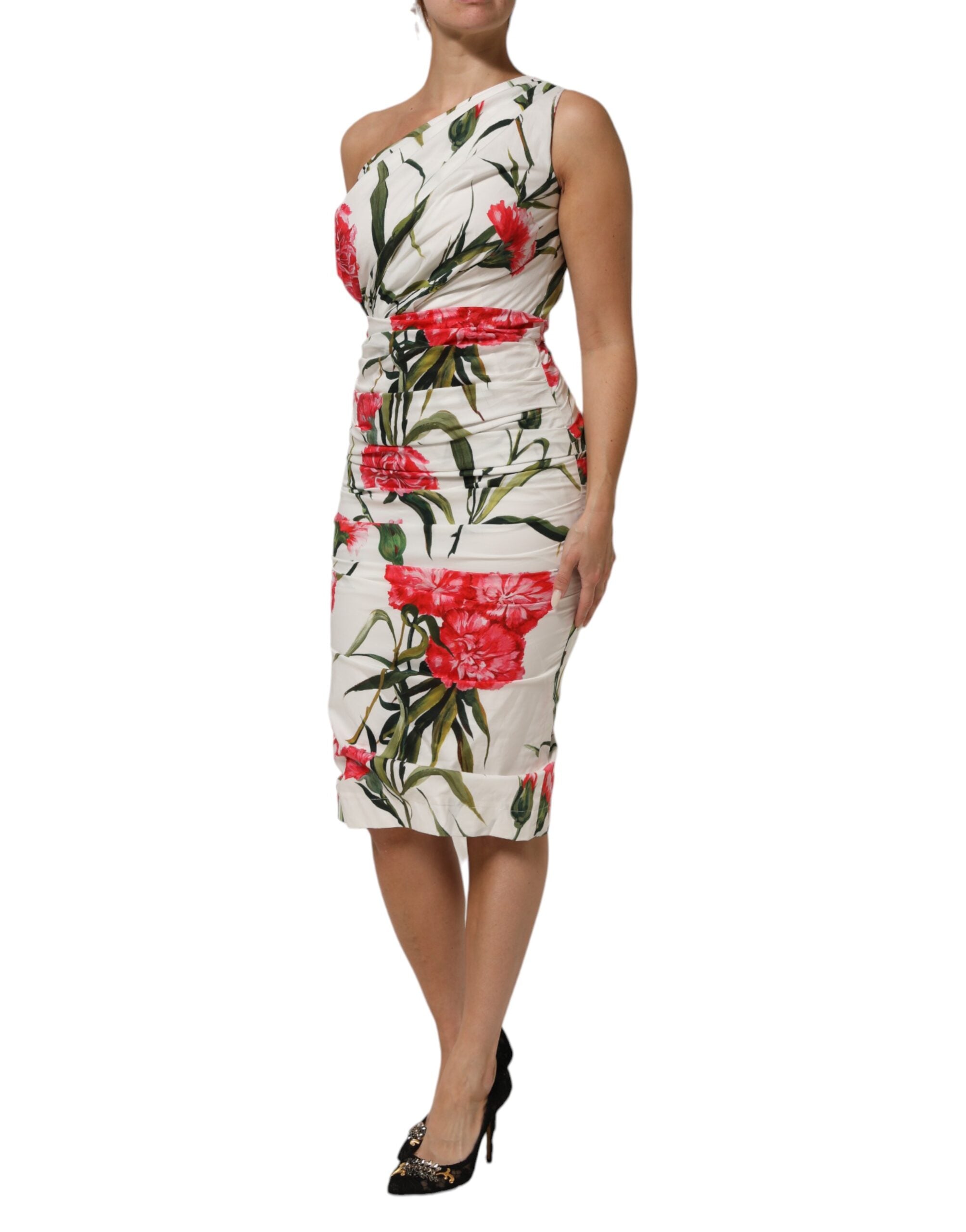Vestido tubo de un solo hombro con estampado floral blanco de Dolce & Gabbana-3