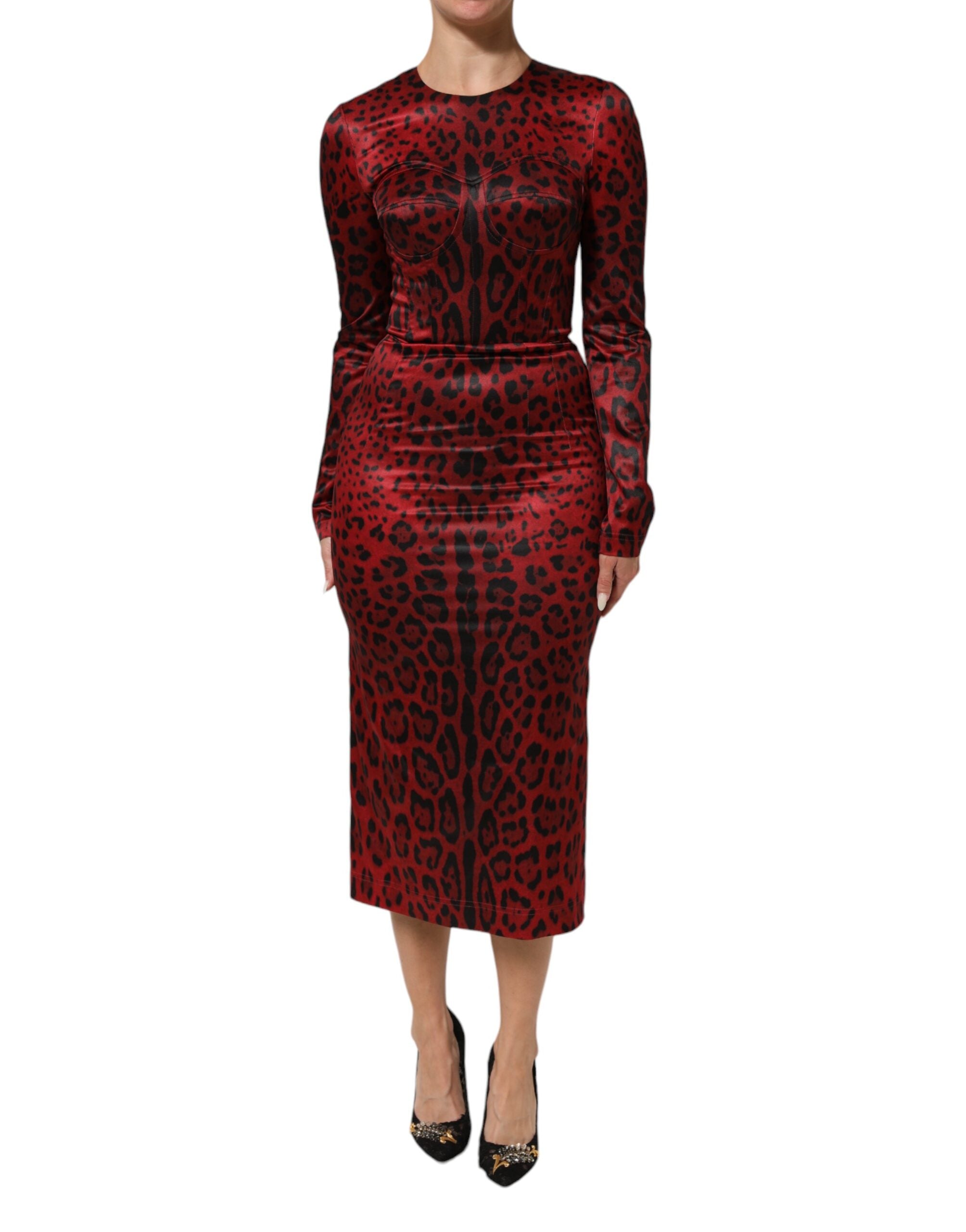 Dolce & Gabbana Red Leopard Sheath Dress with Long Sleeves-1