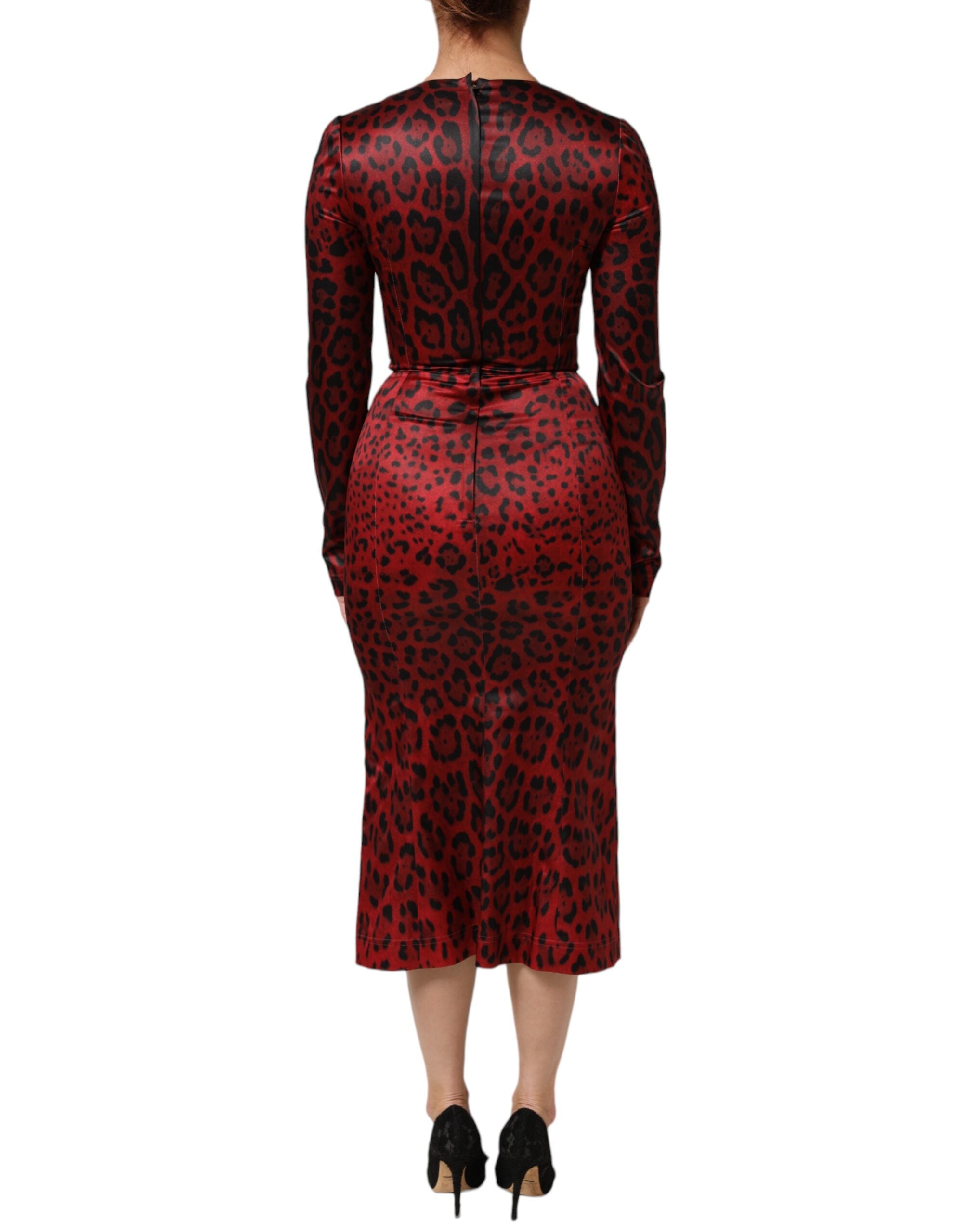 Dolce & Gabbana Red Leopard Sheath Dress with Long Sleeves-4