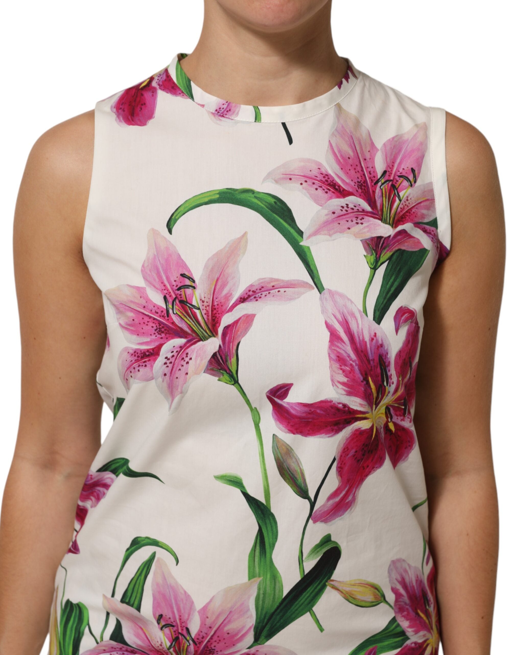 Vestido mini de algodón sin mangas con estampado floral blanco de Dolce & Gabbana-5