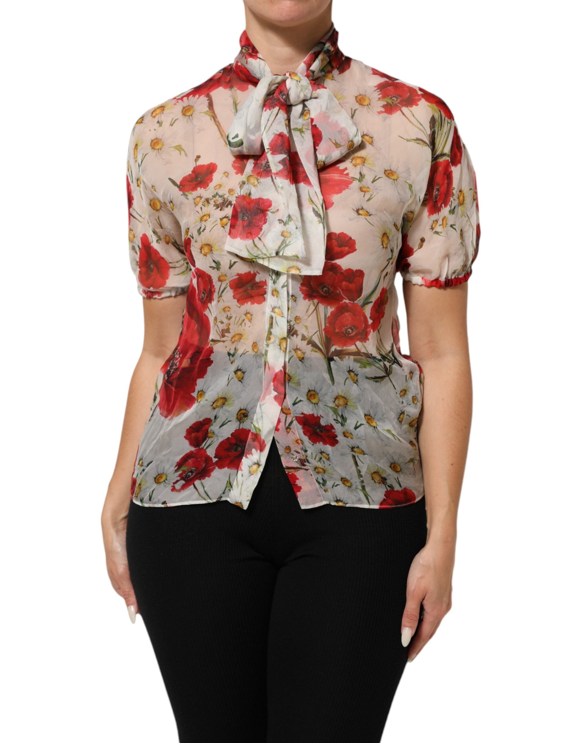 Dolce & Gabbana White floral blouse top with tie neckline and poppy pattern