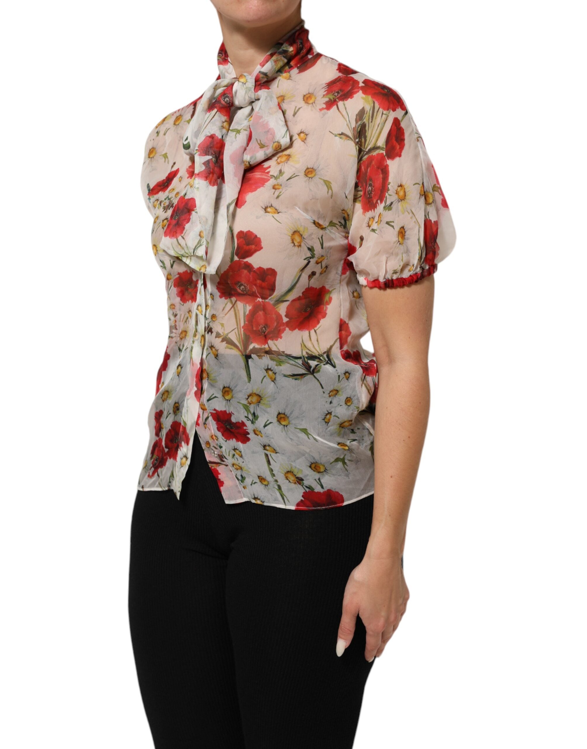 Dolce & Gabbana Weißes geblümtes Blusentop mit Krawattenausschnitt und Mohnblumenmuster-3