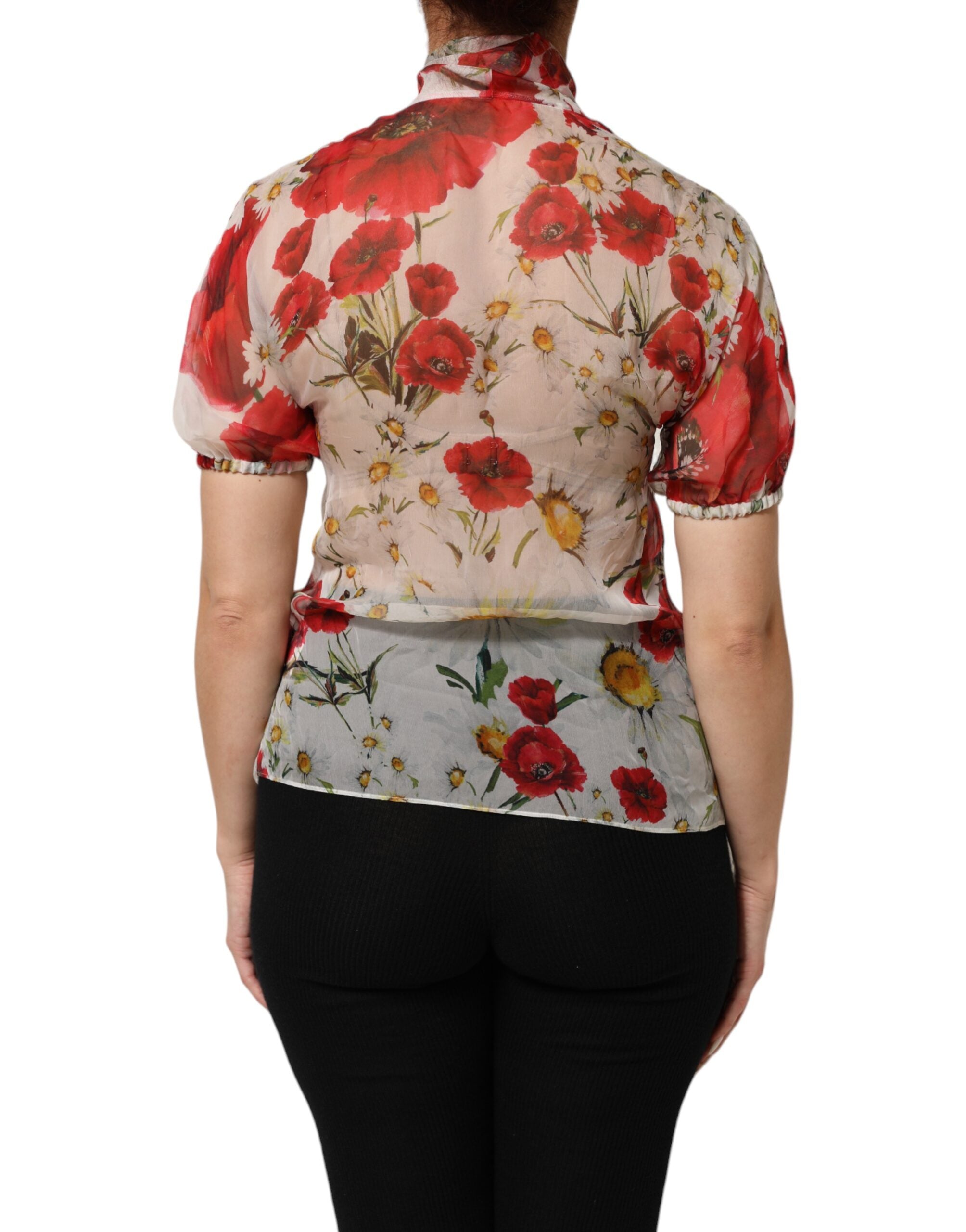 Dolce & Gabbana Weißes geblümtes Blusentop mit Krawattenausschnitt und Mohnblumenmuster-4