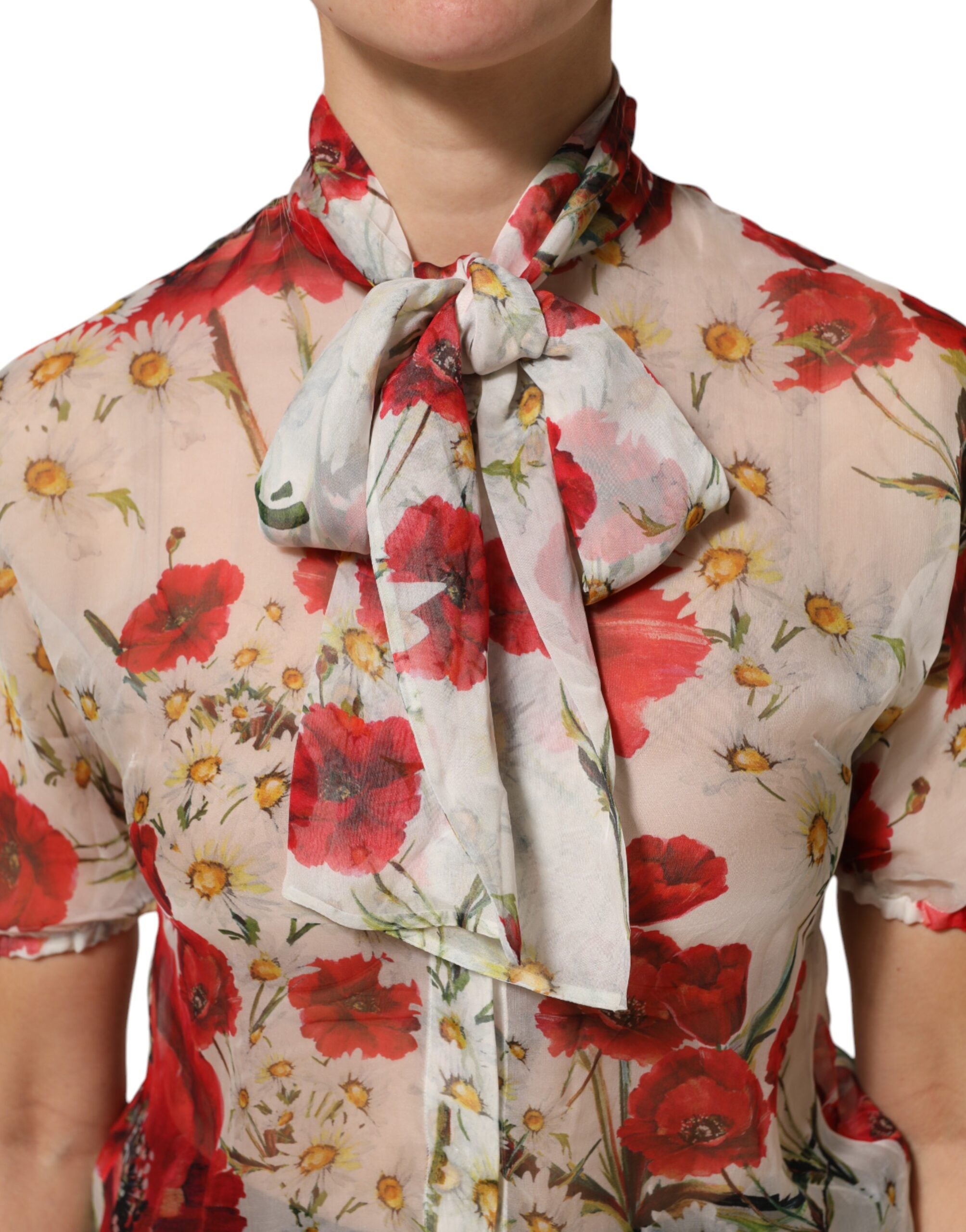 Dolce & Gabbana Weißes geblümtes Blusentop mit Krawattenausschnitt und Mohnblumenmuster-5