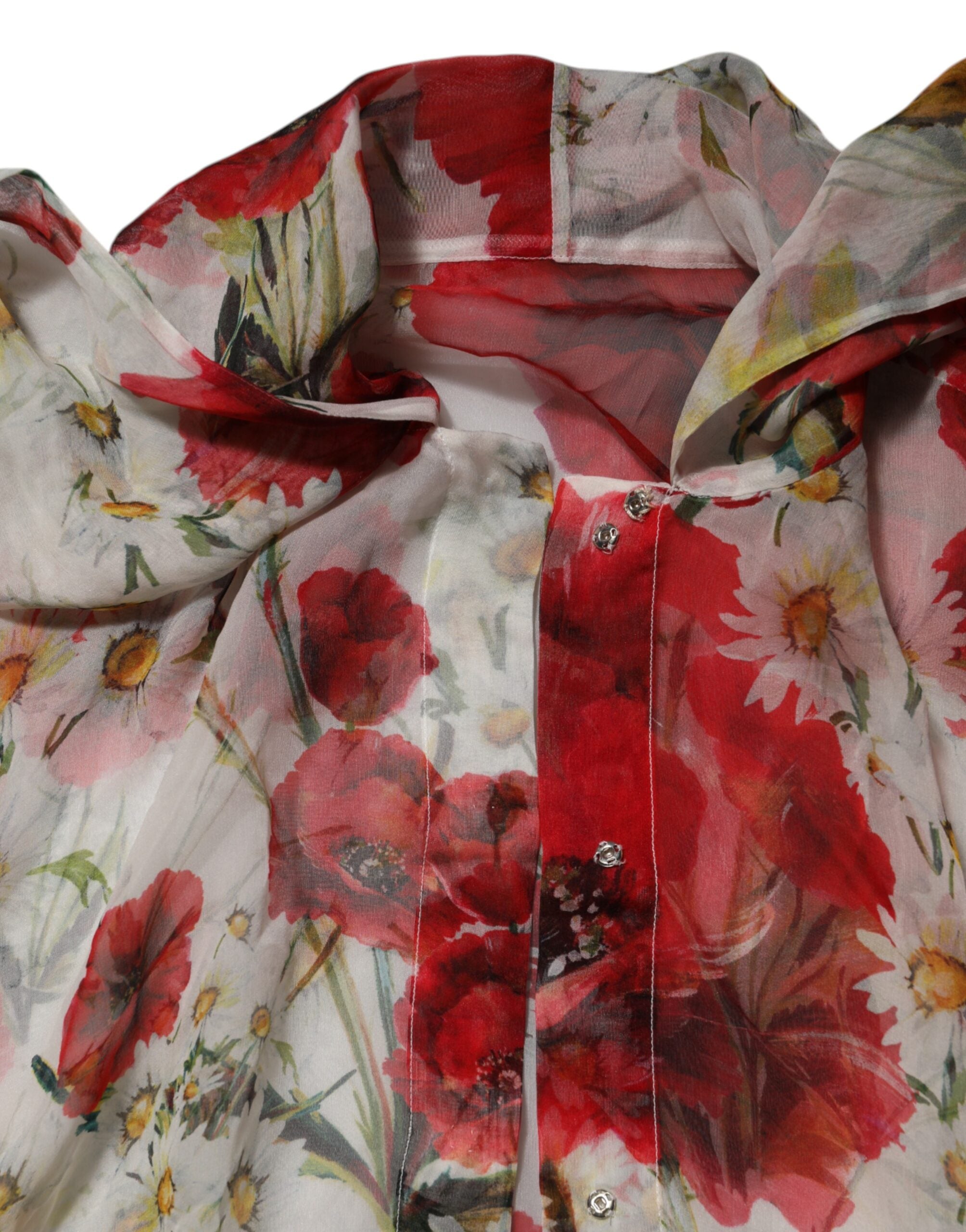 Dolce & Gabbana Weißes geblümtes Blusentop mit Krawattenausschnitt und Mohnblumenmuster-7