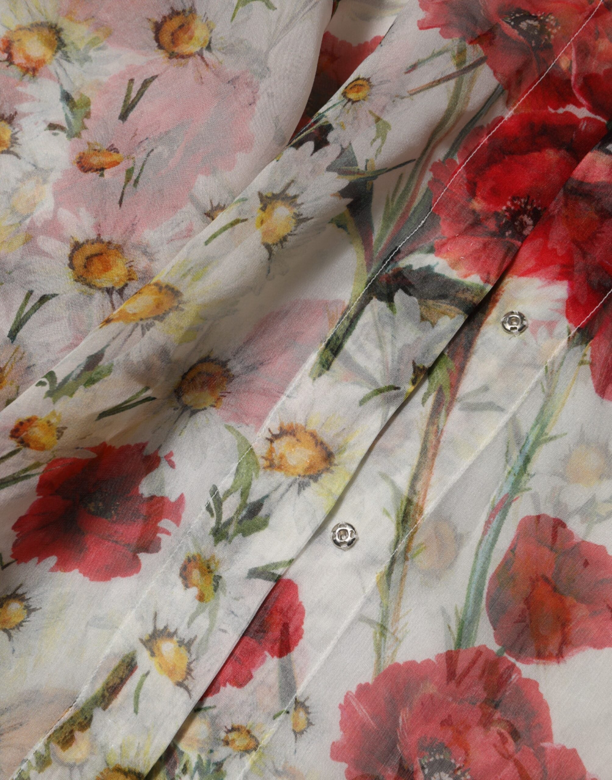 Dolce & Gabbana Weißes geblümtes Blusentop mit Krawattenausschnitt und Mohnblumenmuster-8