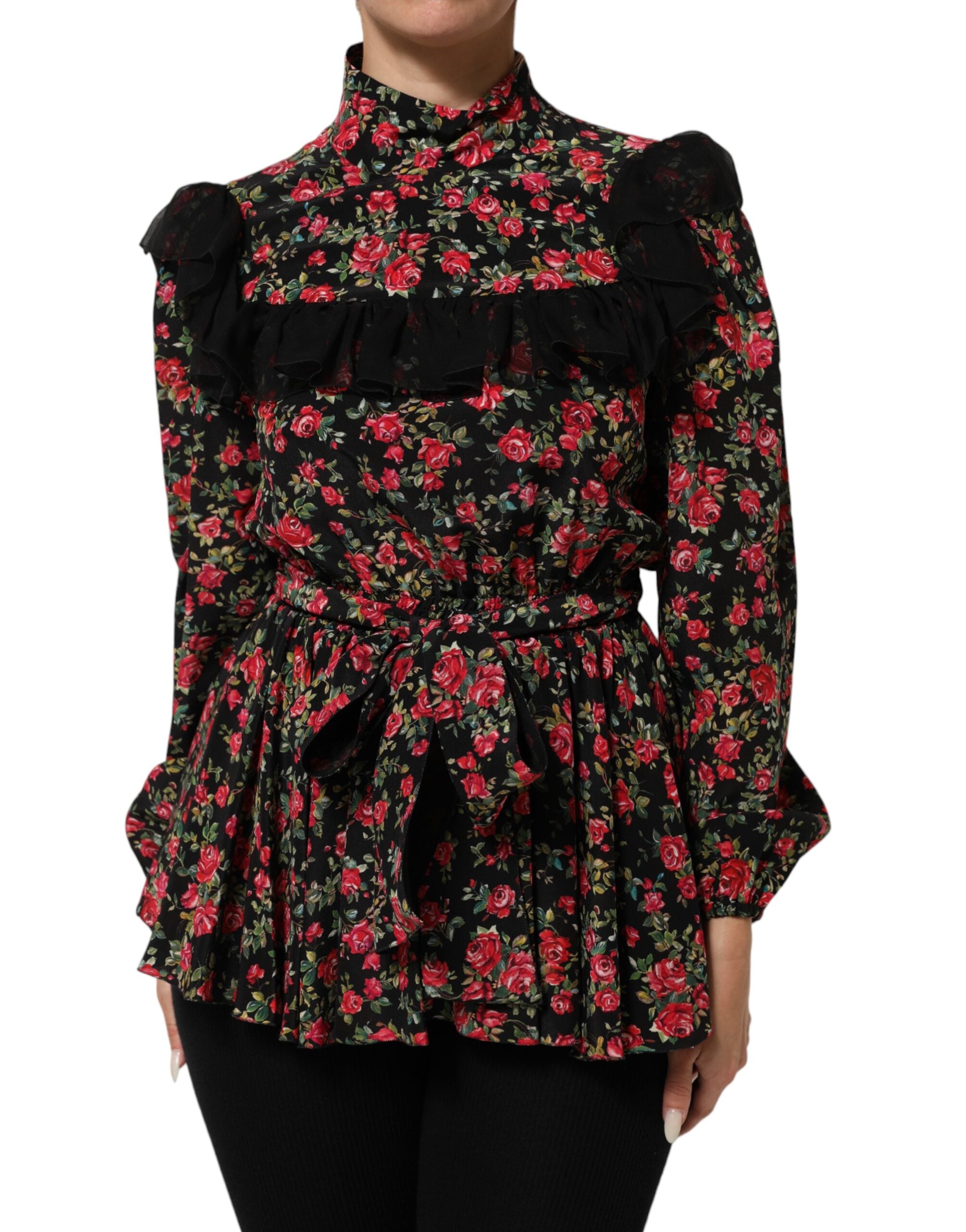 Dolce & Gabbana Black floral print blouse top with long sleeves-1