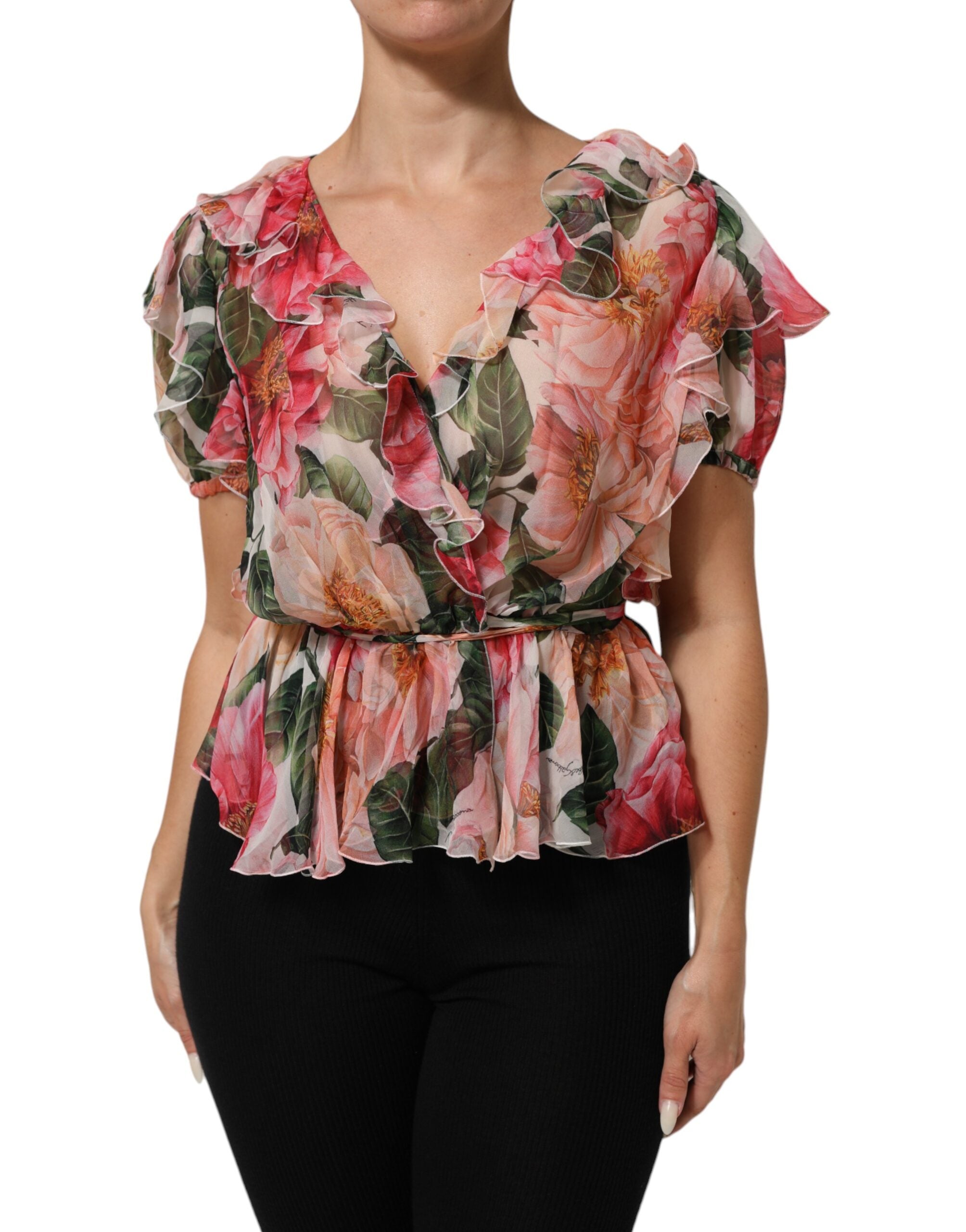 Dolce & Gabbana Rosa Camellia printed silk blouse top with V-neck-2