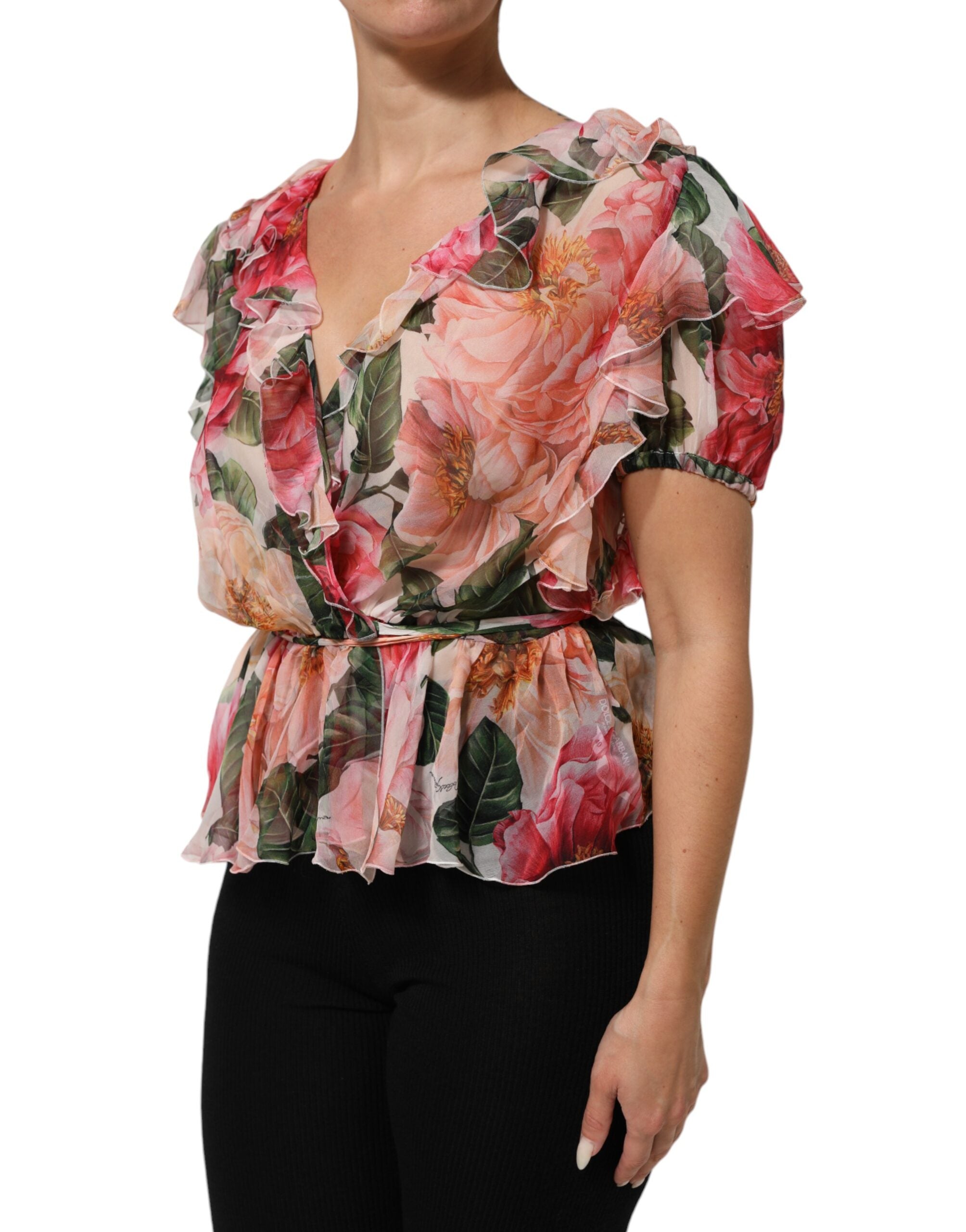 Dolce & Gabbana Rosa Camellia printed silk blouse top with V-neck-3
