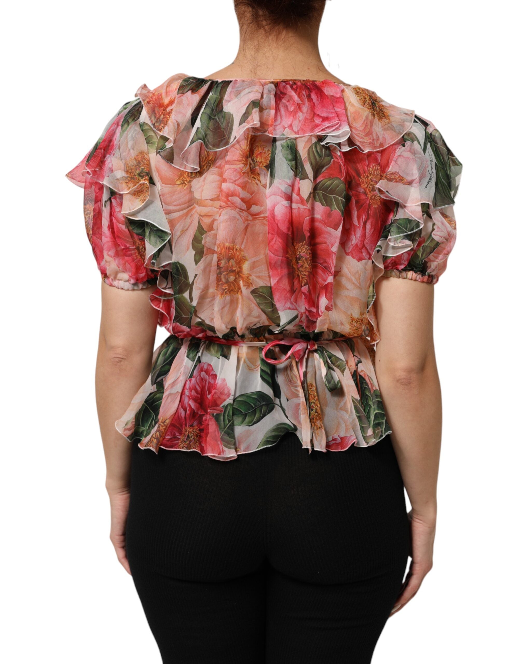 Dolce & Gabbana Rosa Camellia printed silk blouse top with V-neck-4
