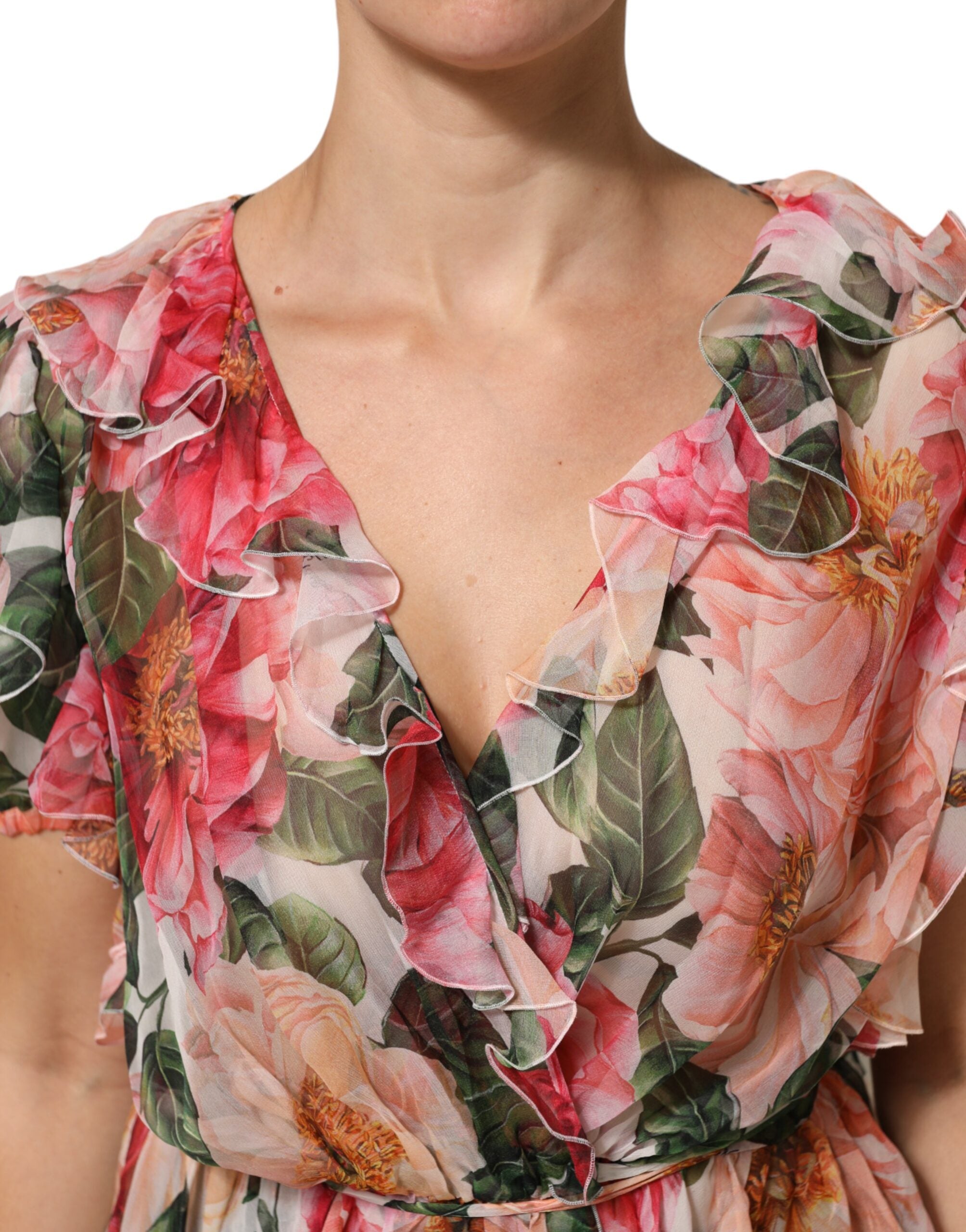 Dolce & Gabbana Rosa Camellia printed silk blouse top with V-neck-5