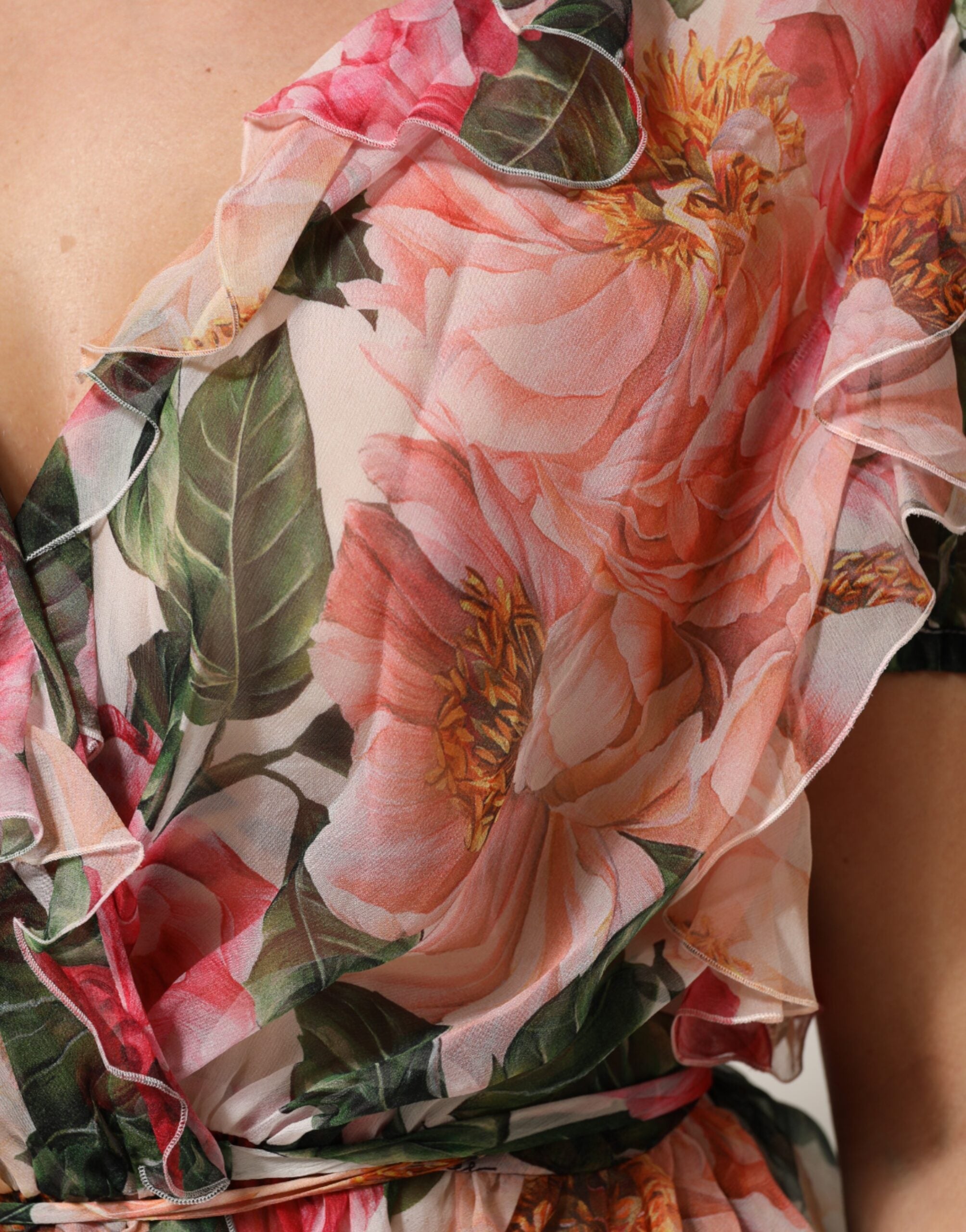 Dolce & Gabbana Rosa Camellia printed silk blouse top with V-neck-6