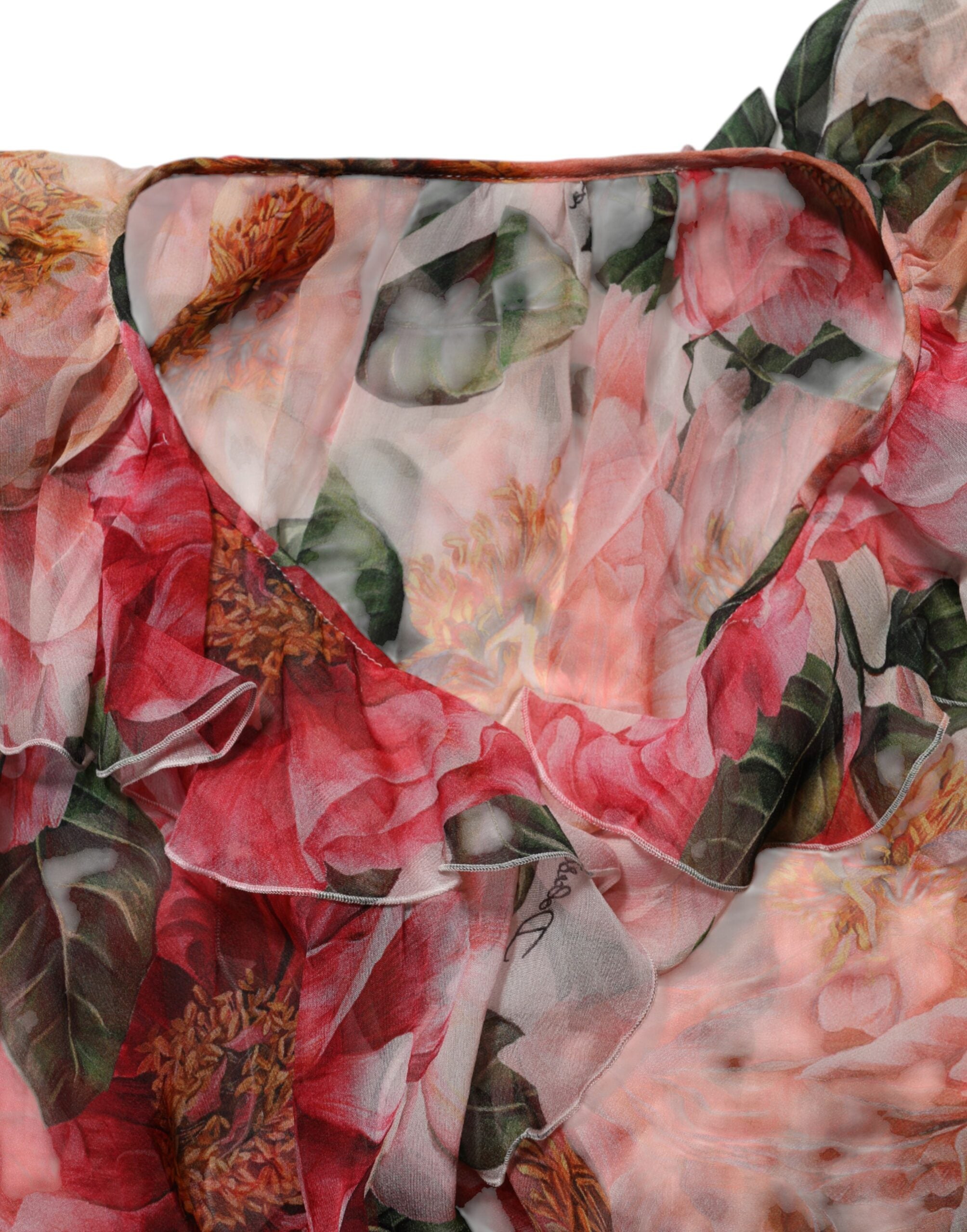 Dolce & Gabbana Rosa Camellia printed silk blouse top with V-neck-7