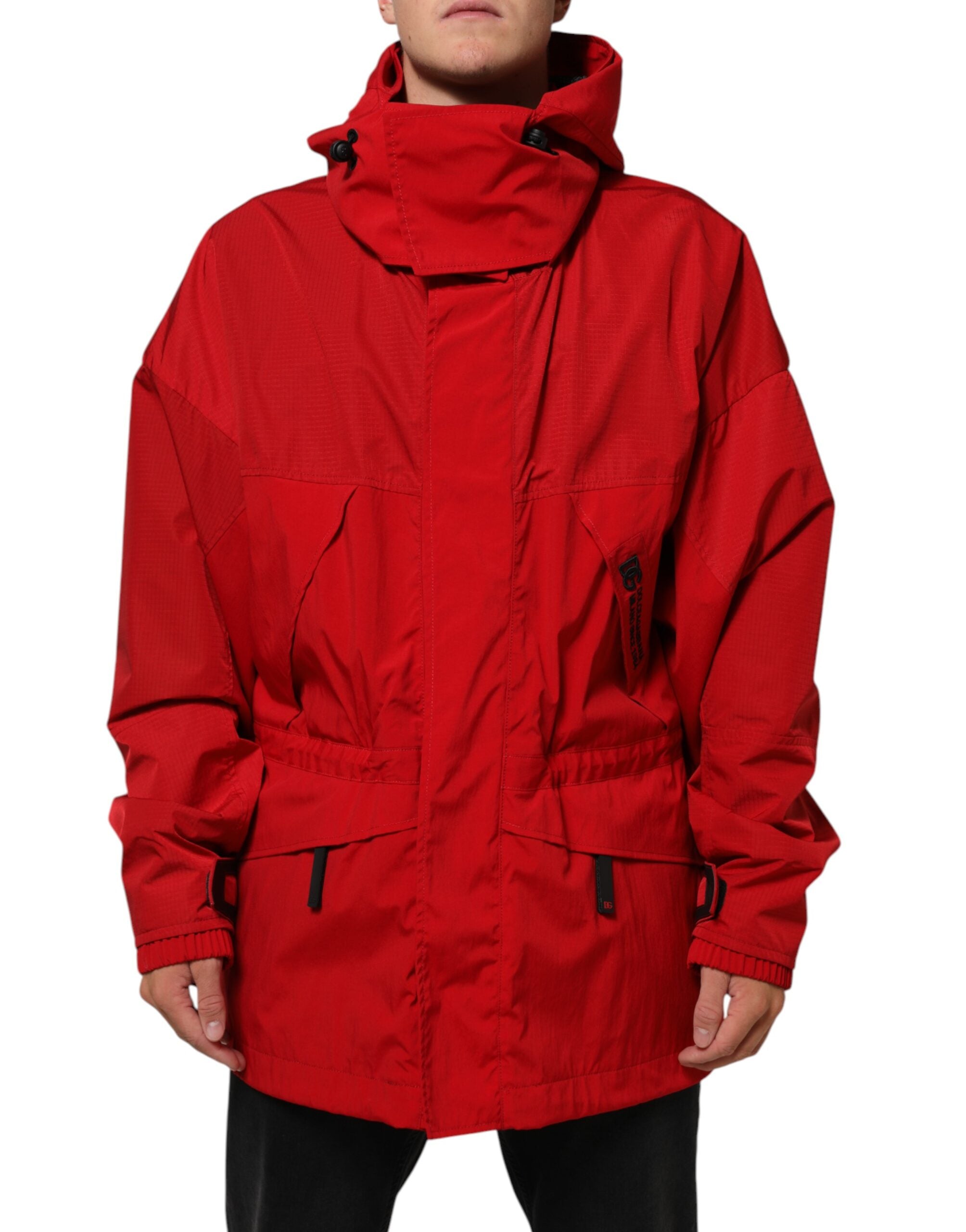 Dolce & Gabbana Red Nylon Hooded Parka Jacket for Men with Zipper-2