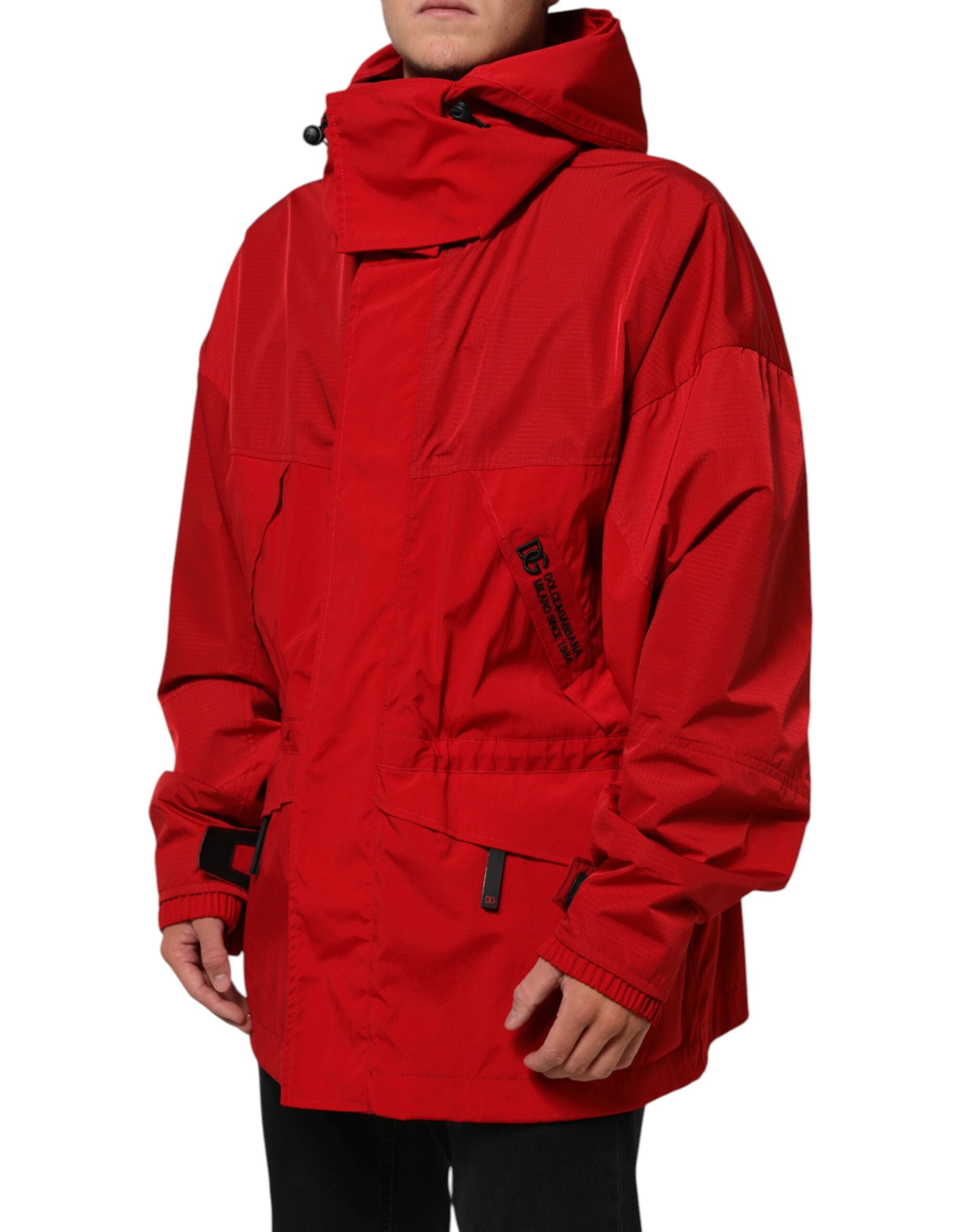 Dolce & Gabbana Red Nylon Hooded Parka Jacket for Men with Zipper-3