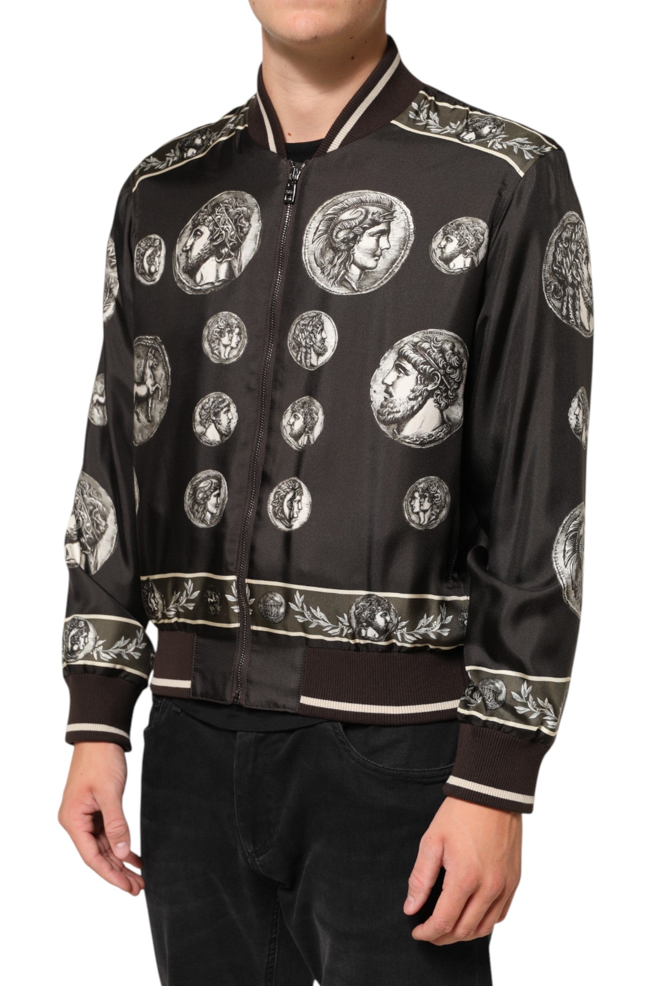 Dolce & Gabbana black "Monete" silk bomber jacket with coin print-3