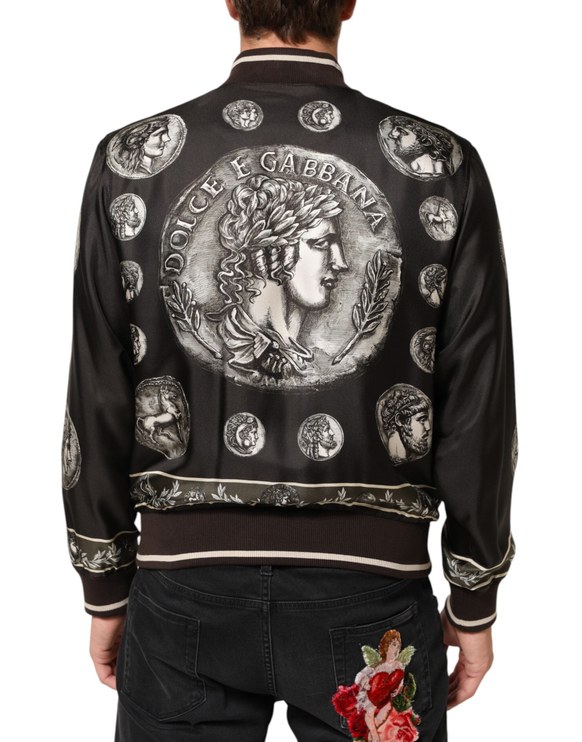 Dolce & Gabbana black "Monete" silk bomber jacket with coin print-4