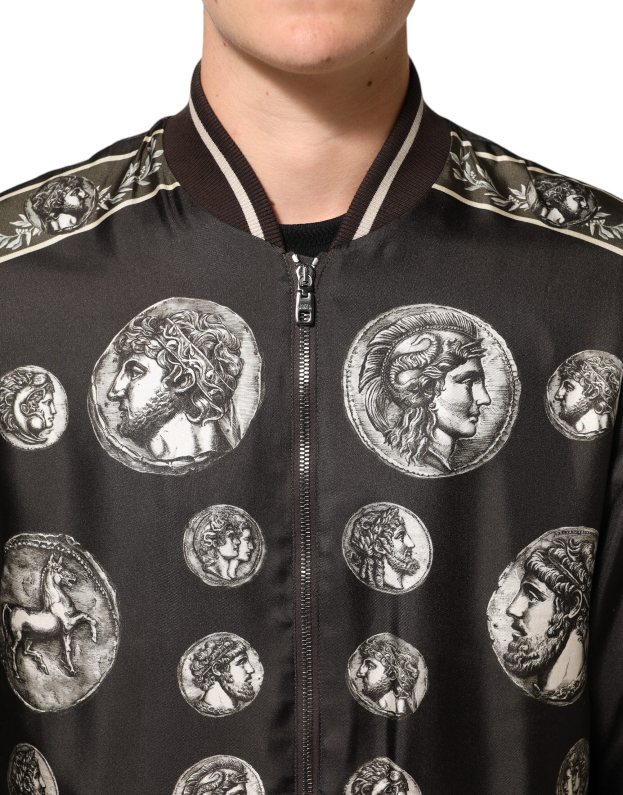 Dolce & Gabbana black "Monete" silk bomber jacket with coin print-5