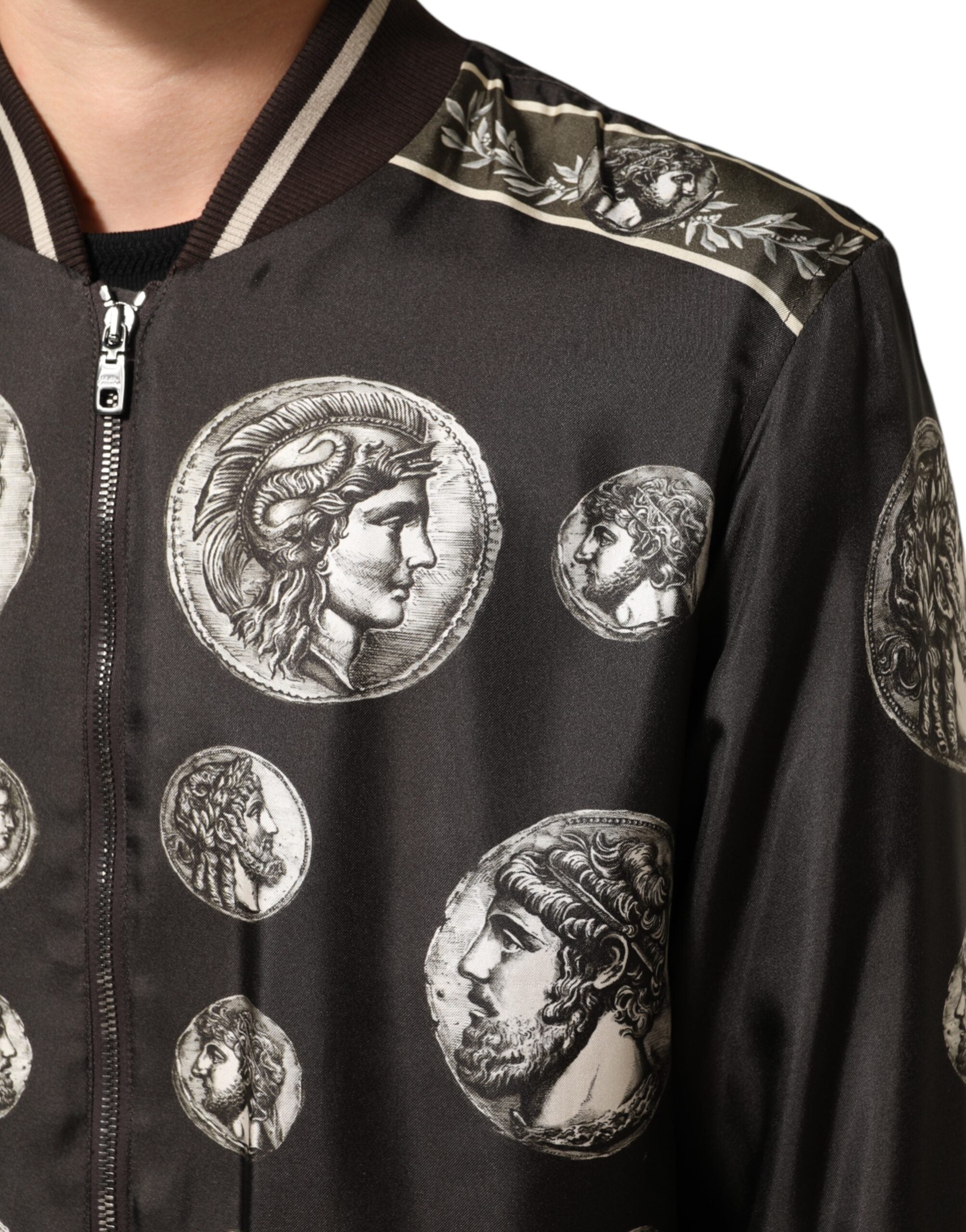 Dolce & Gabbana black "Monete" silk bomber jacket with coin print-6