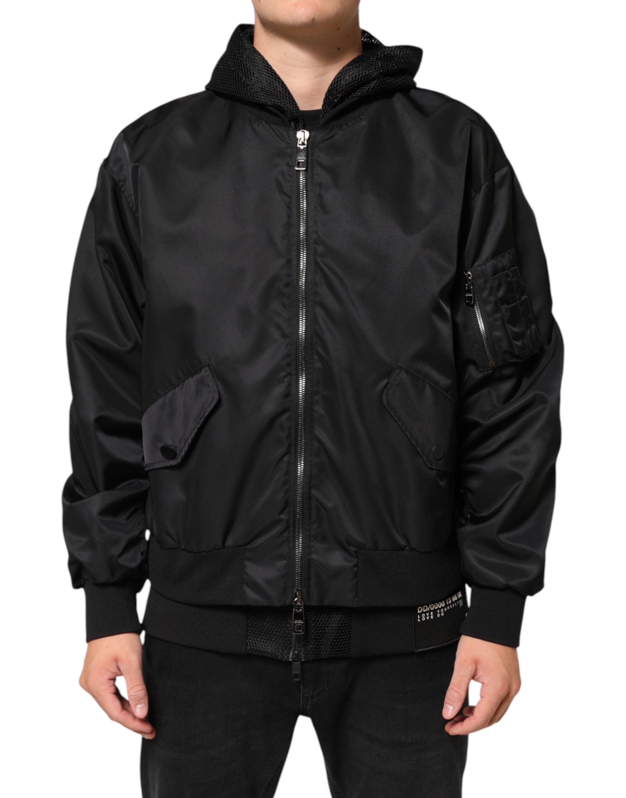 Dolce & Gabbana Black Nylon Bomber Jacket with Hood and Zipper for Men-2