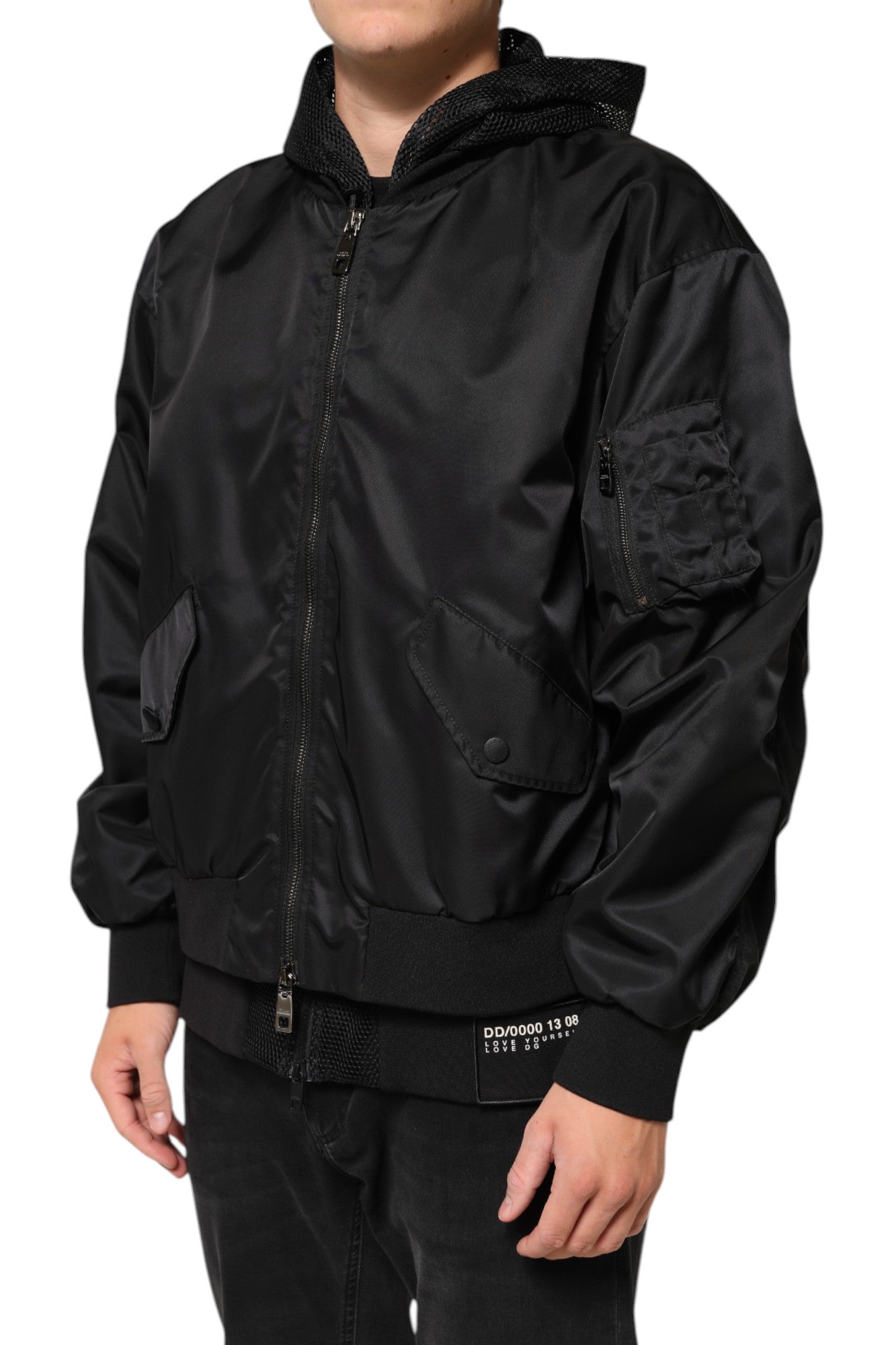 Dolce & Gabbana Black Nylon Bomber Jacket with Hood and Zipper for Men-3