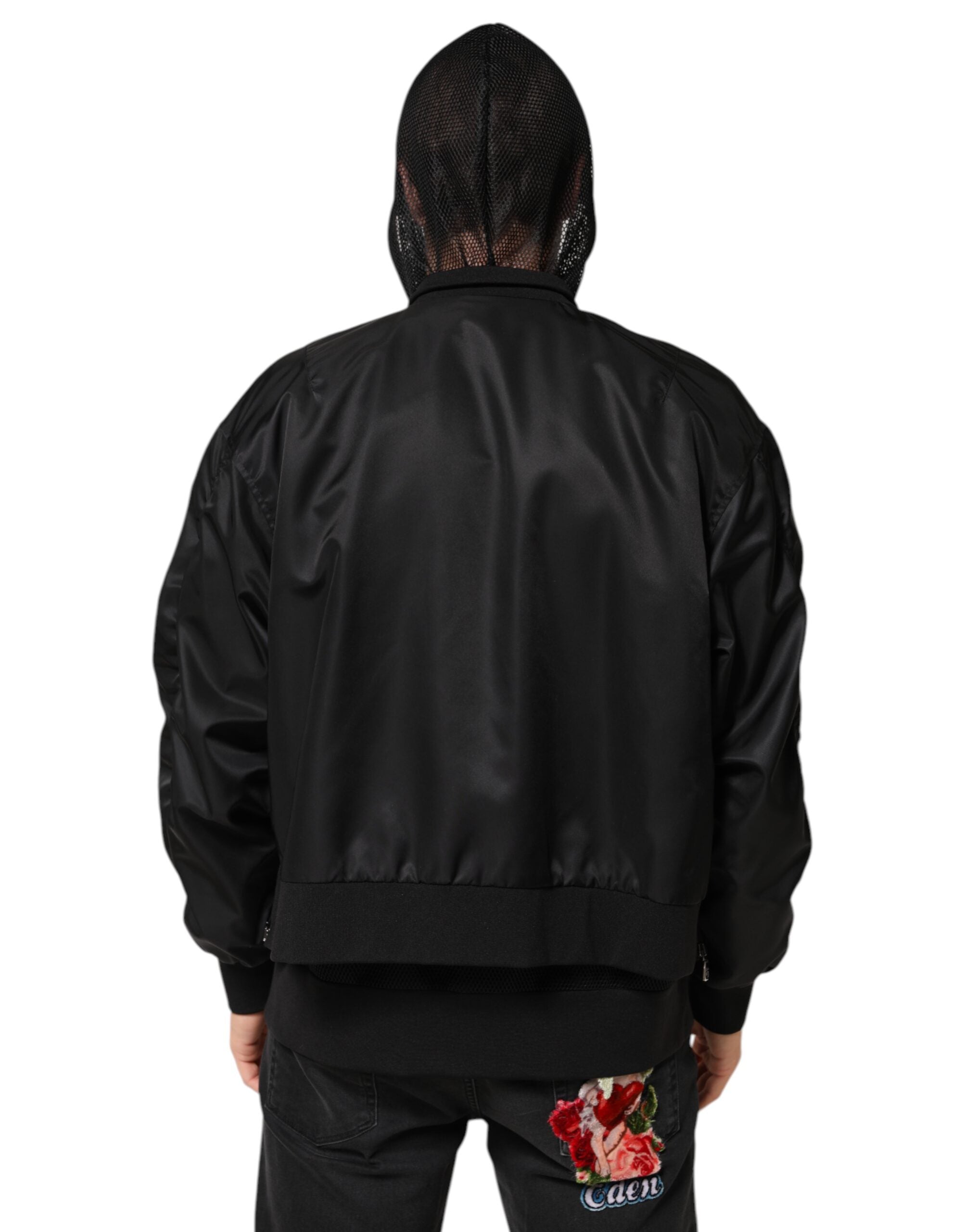 Dolce & Gabbana Black Nylon Bomber Jacket with Hood and Zipper for Men-4