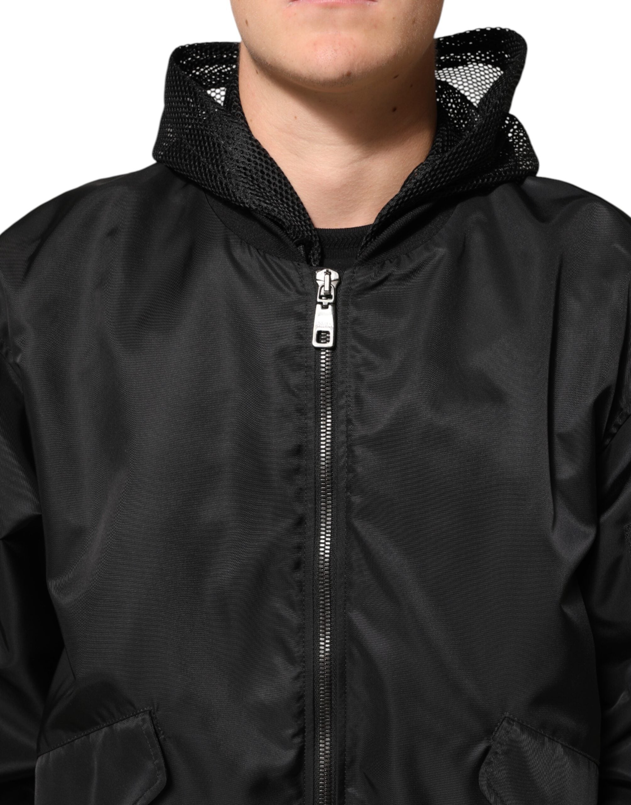 Dolce & Gabbana Black Nylon Bomber Jacket with Hood and Zipper for Men-5
