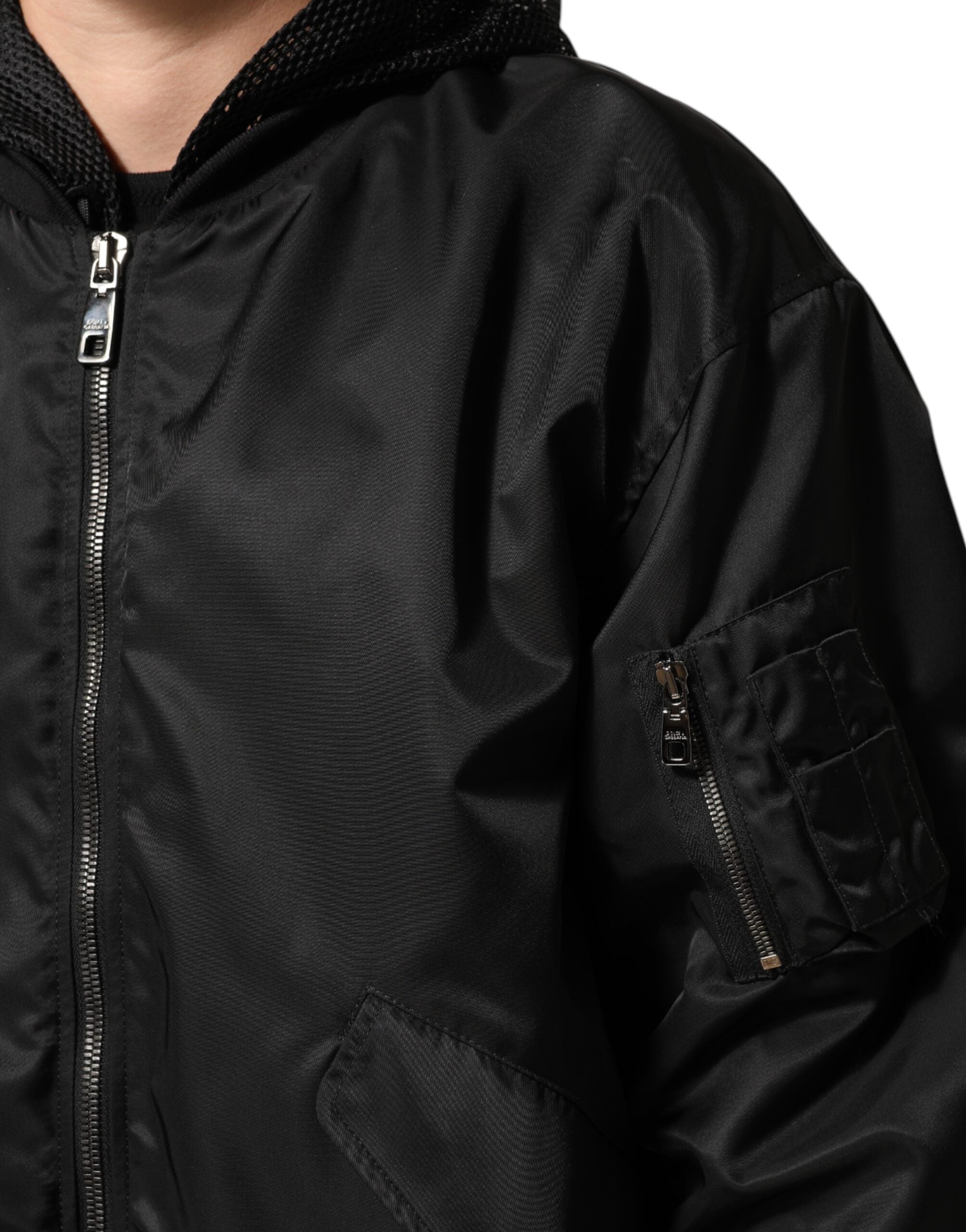 Dolce & Gabbana Black Nylon Bomber Jacket with Hood and Zipper for Men-6