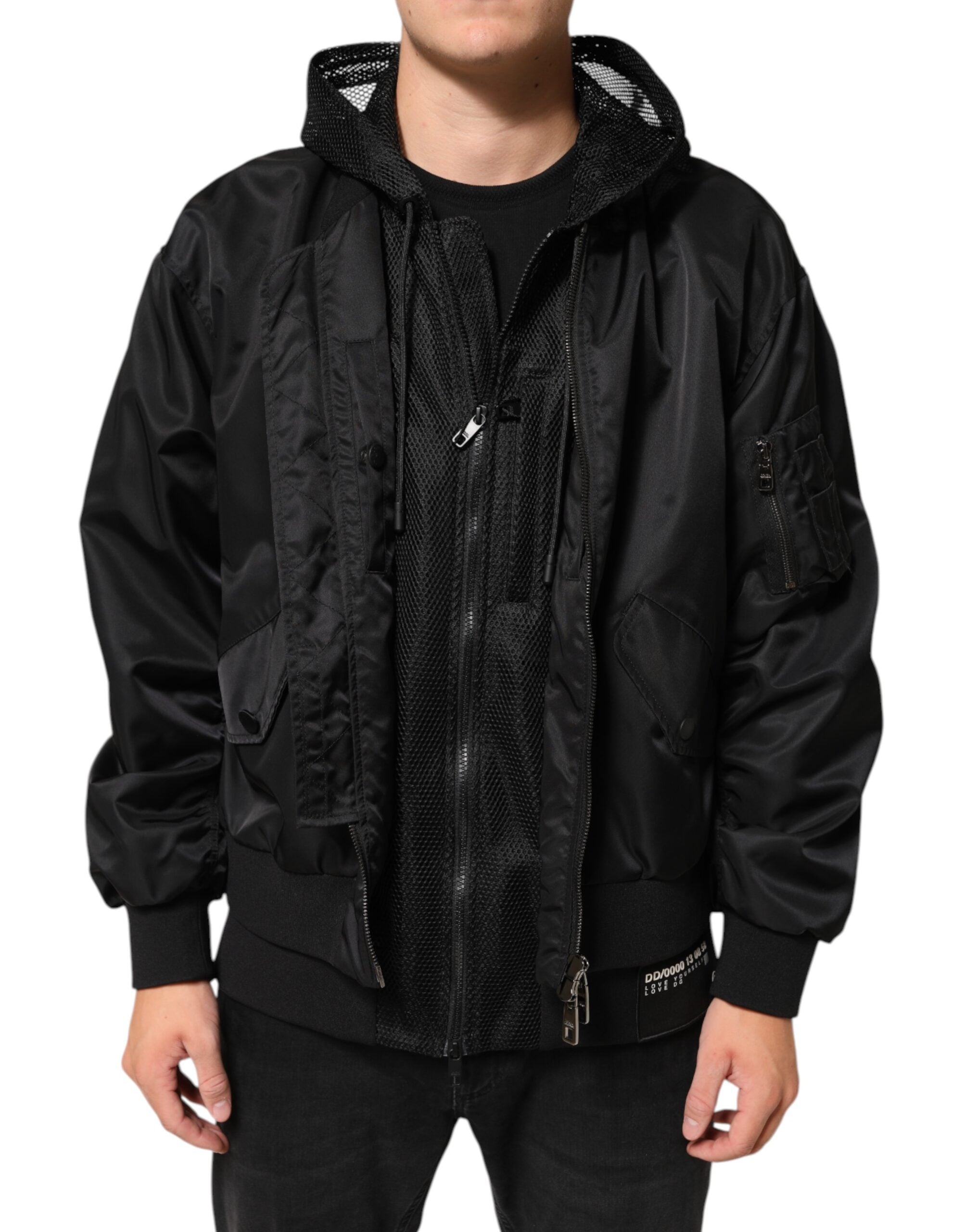 Dolce & Gabbana Black Nylon Bomber Jacket with Hood and Zipper for Men-7