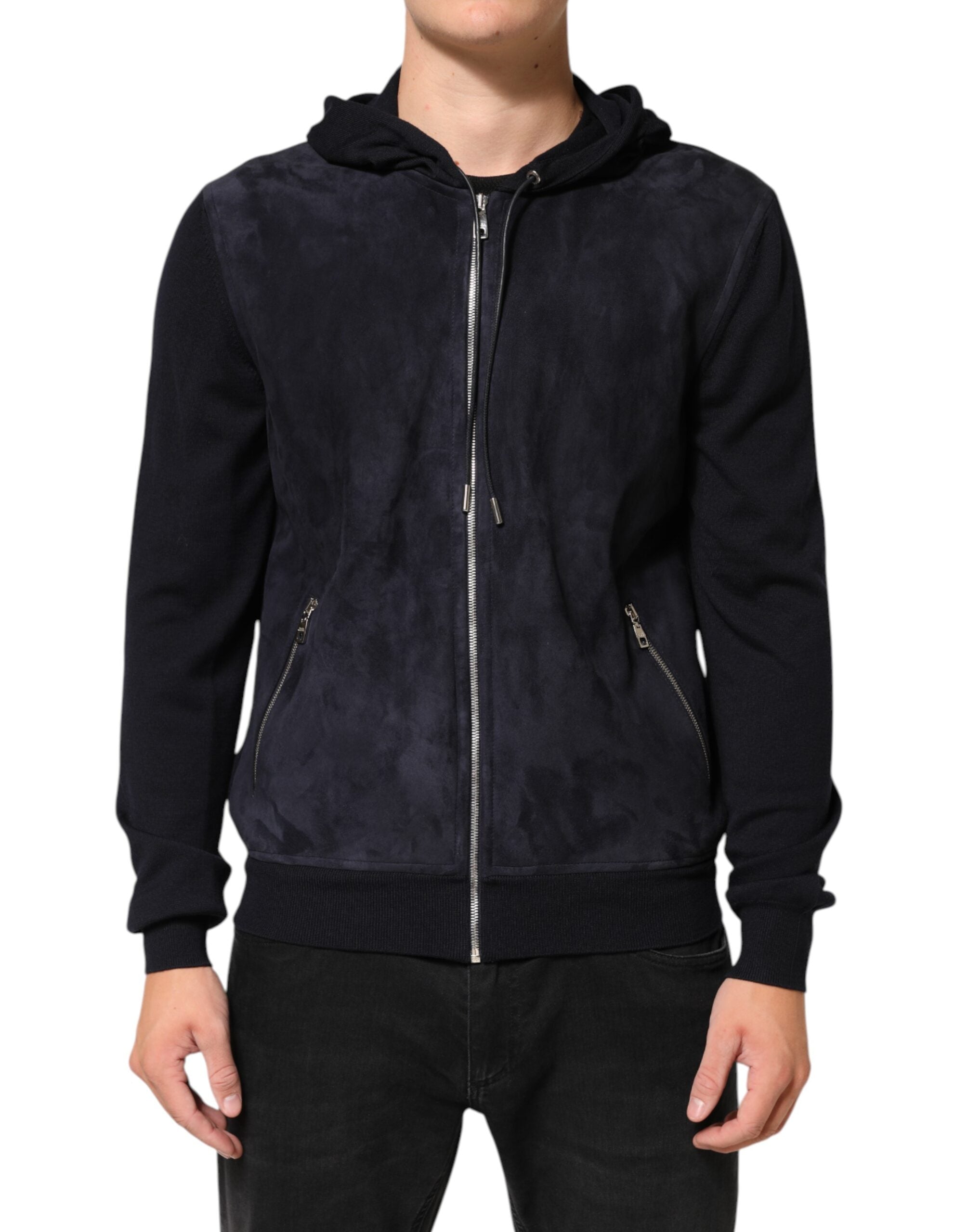 Dolce & Gabbana Black leather blouson jacket with hood and zipper