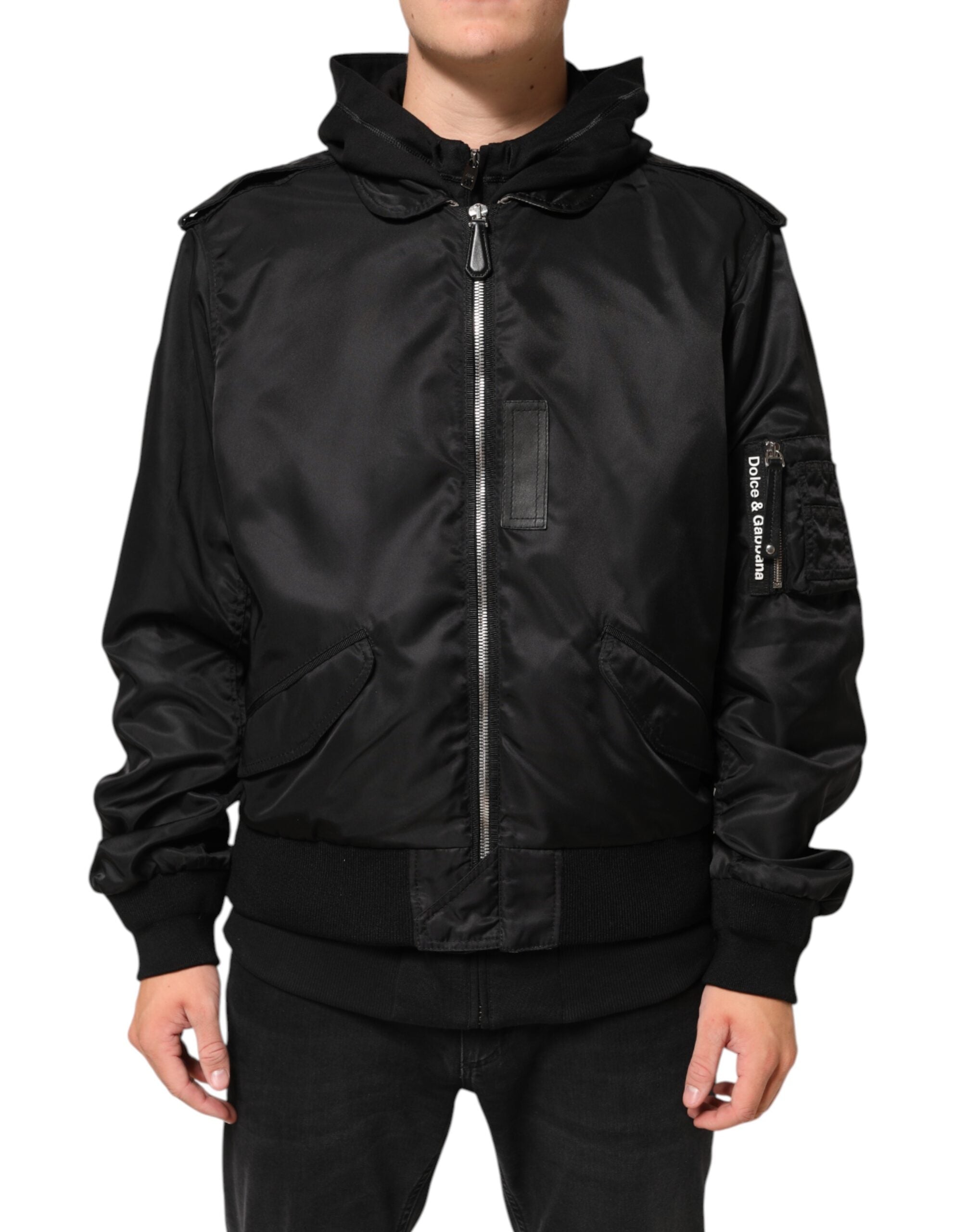 Dolce & Gabbana black cotton bomber jacket with hood and full-length zipper