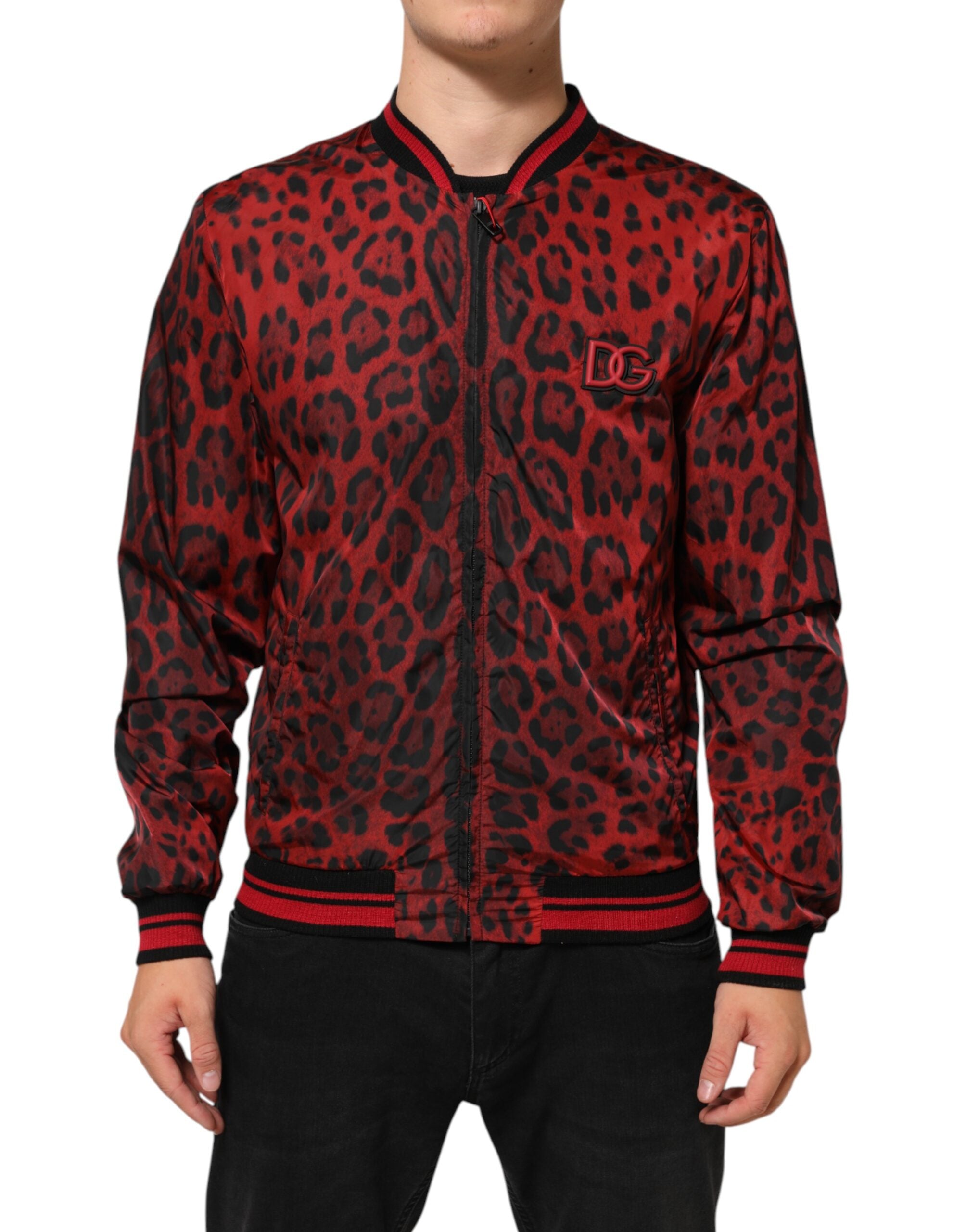 Dolce & Gabbana Red Leopard Print Bomber Jacket Men's Zip-Up