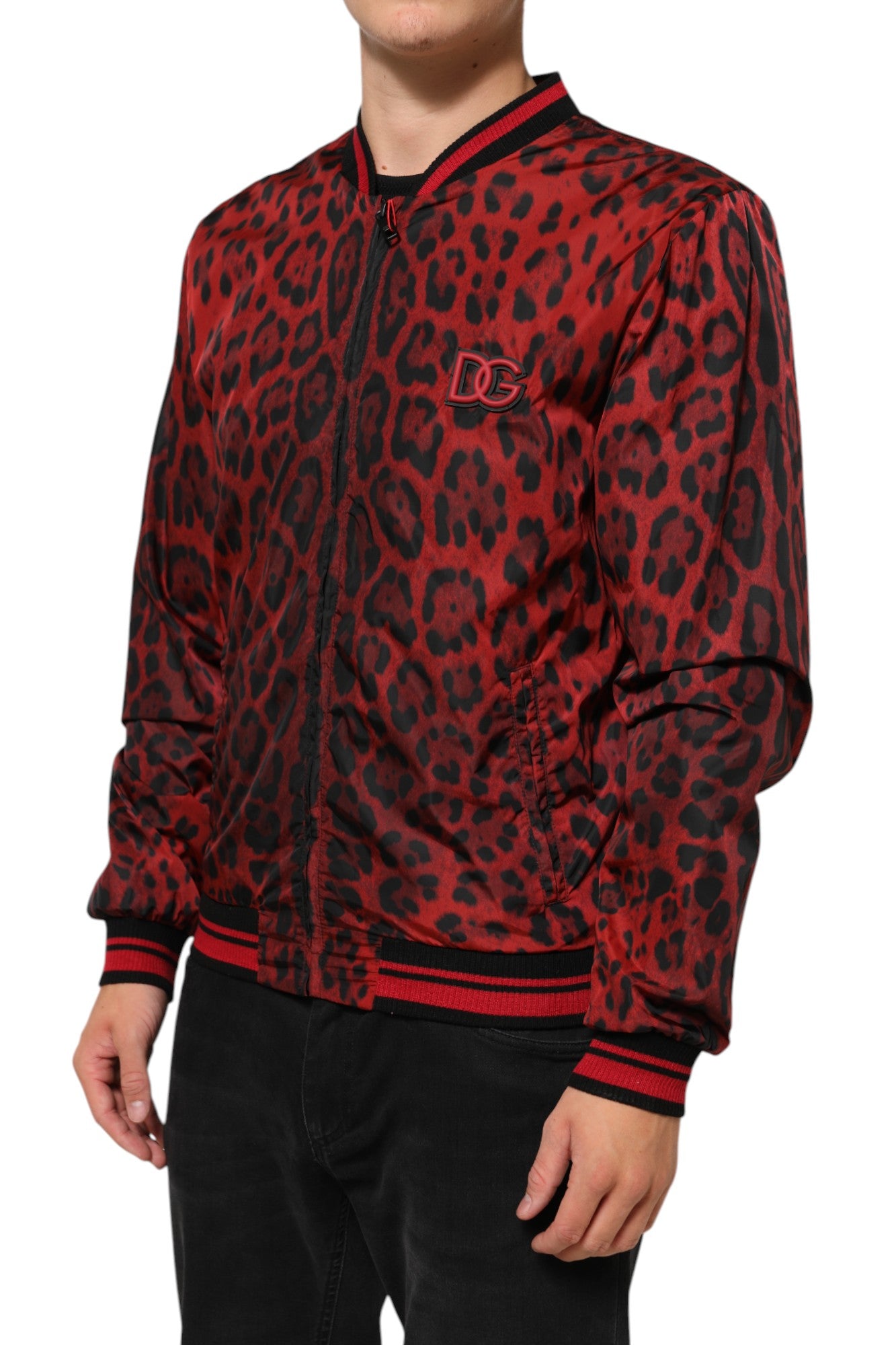 Chaqueta bomber con estampado de leopardo rojo de Dolce & Gabbana para hombre con cremallera-3