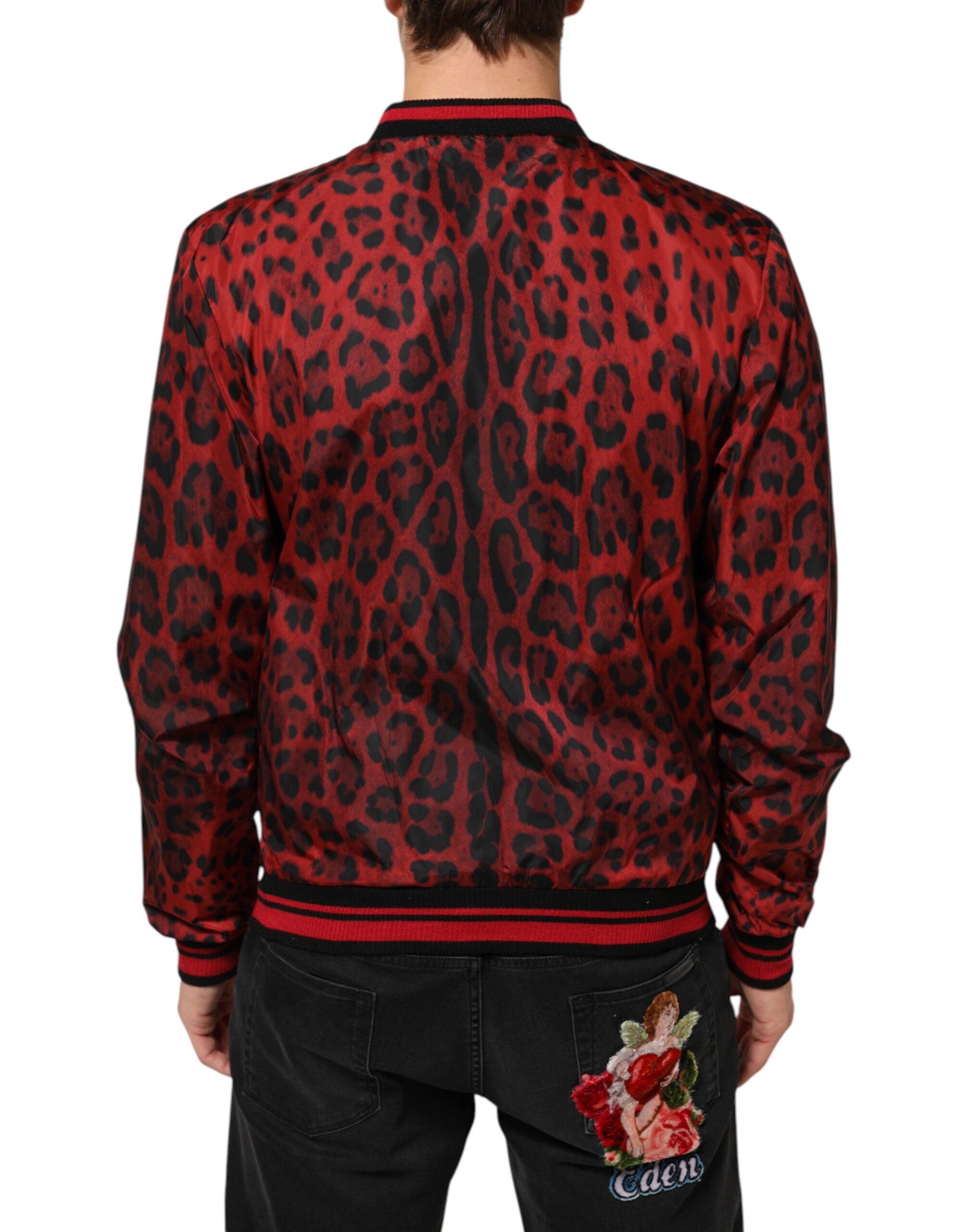 Chaqueta bomber con estampado de leopardo rojo de Dolce & Gabbana para hombre con cremallera-4