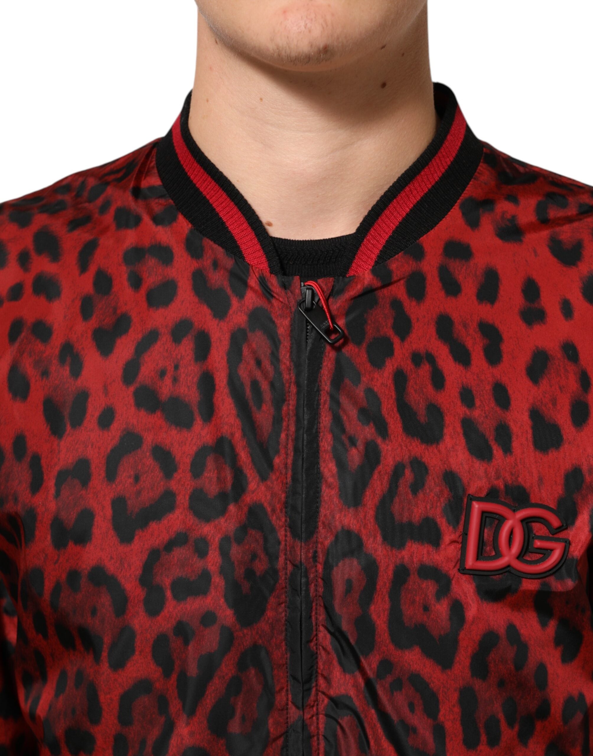 Chaqueta bomber con estampado de leopardo rojo de Dolce & Gabbana para hombre con cremallera-5