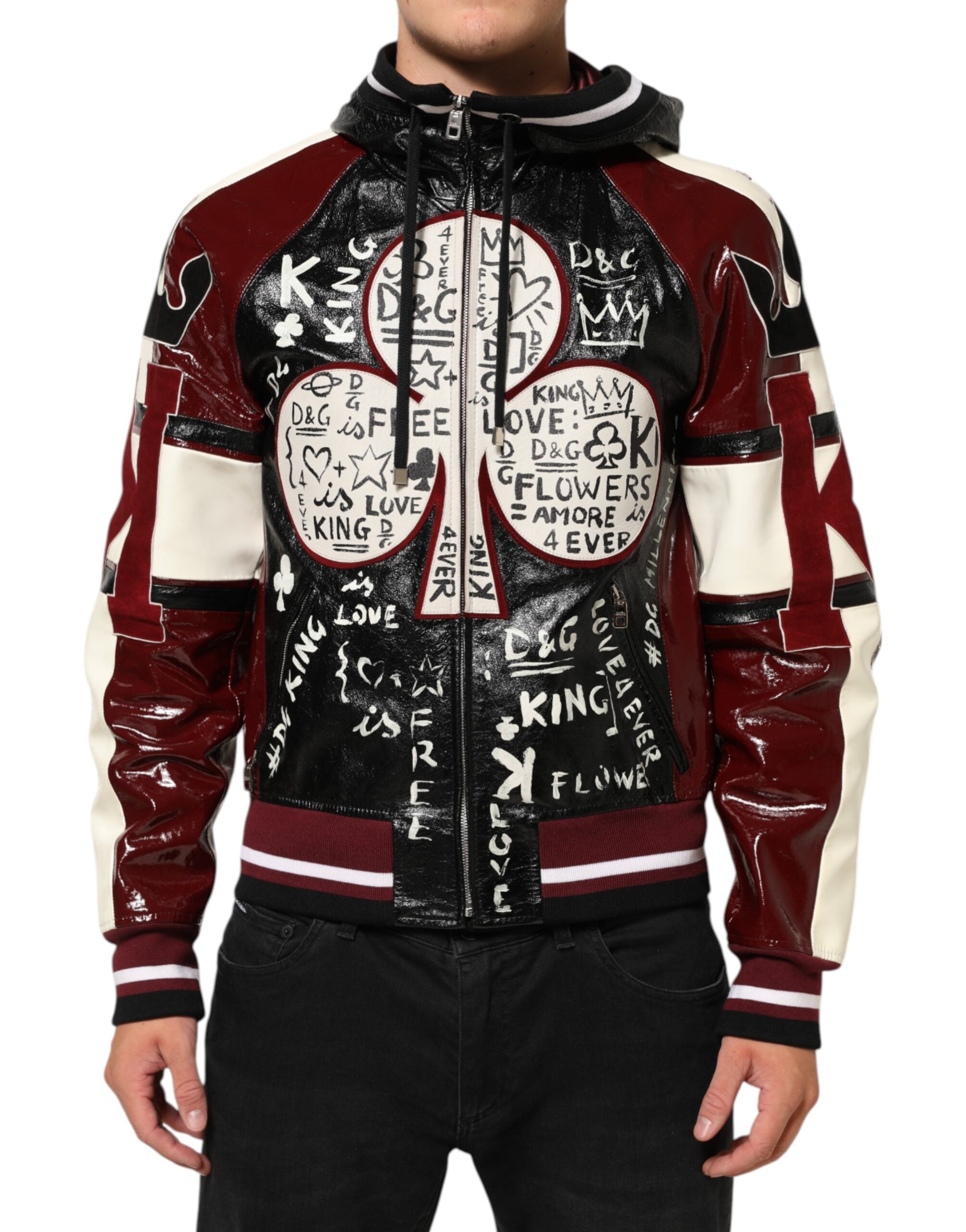 Dolce & Gabbana Multicolor Kapuzen Leder DG King Männer Biker Jacke-2