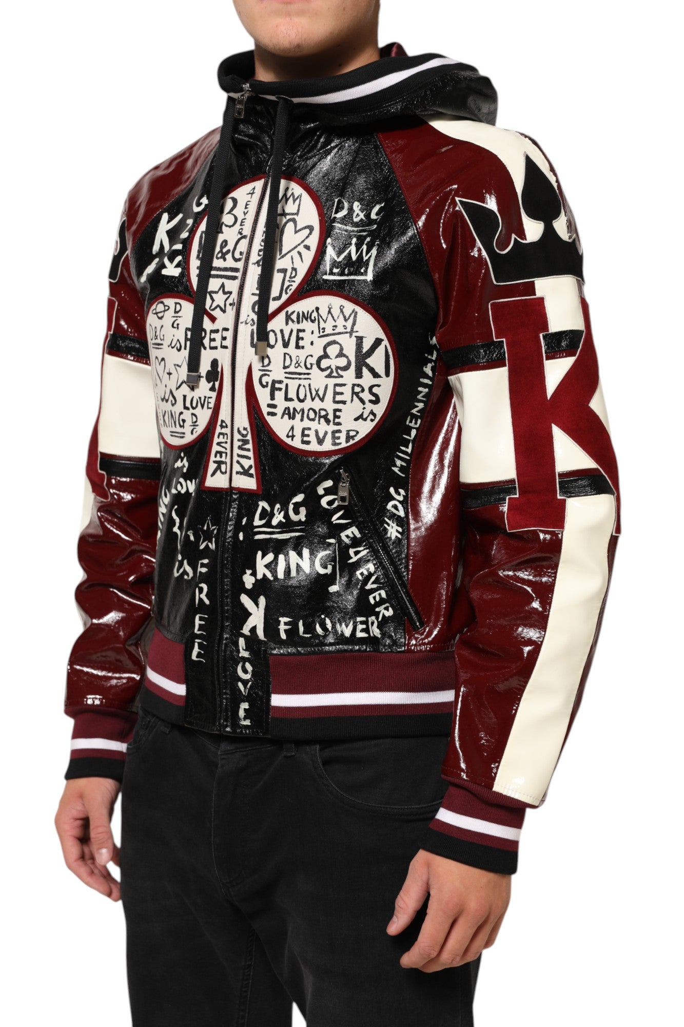 Dolce & Gabbana Multicolor Kapuzen Leder DG King Männer Biker Jacke-3