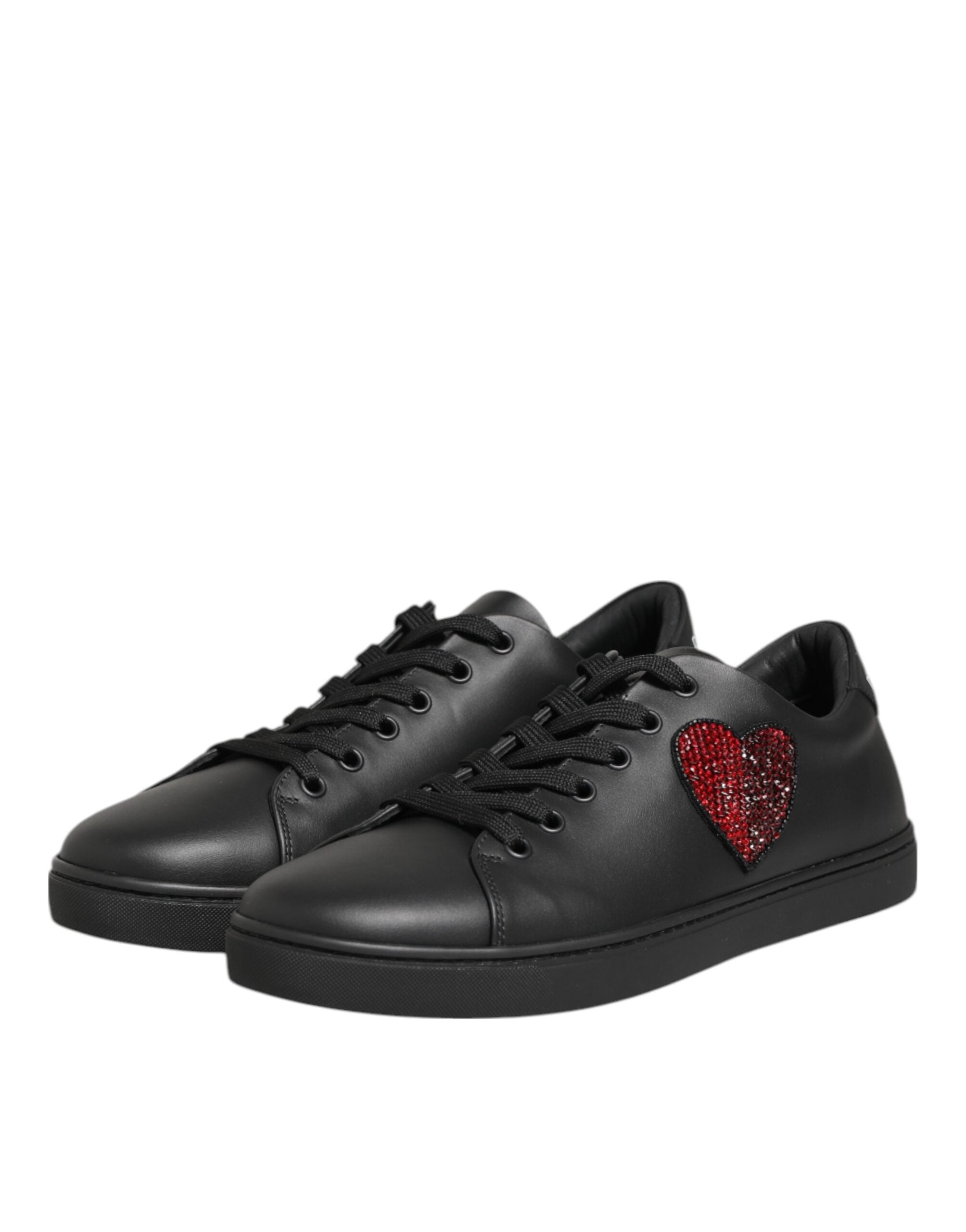 Dolce & Gabbana Black Leather Crystal Heart Sneakers Shoes-4