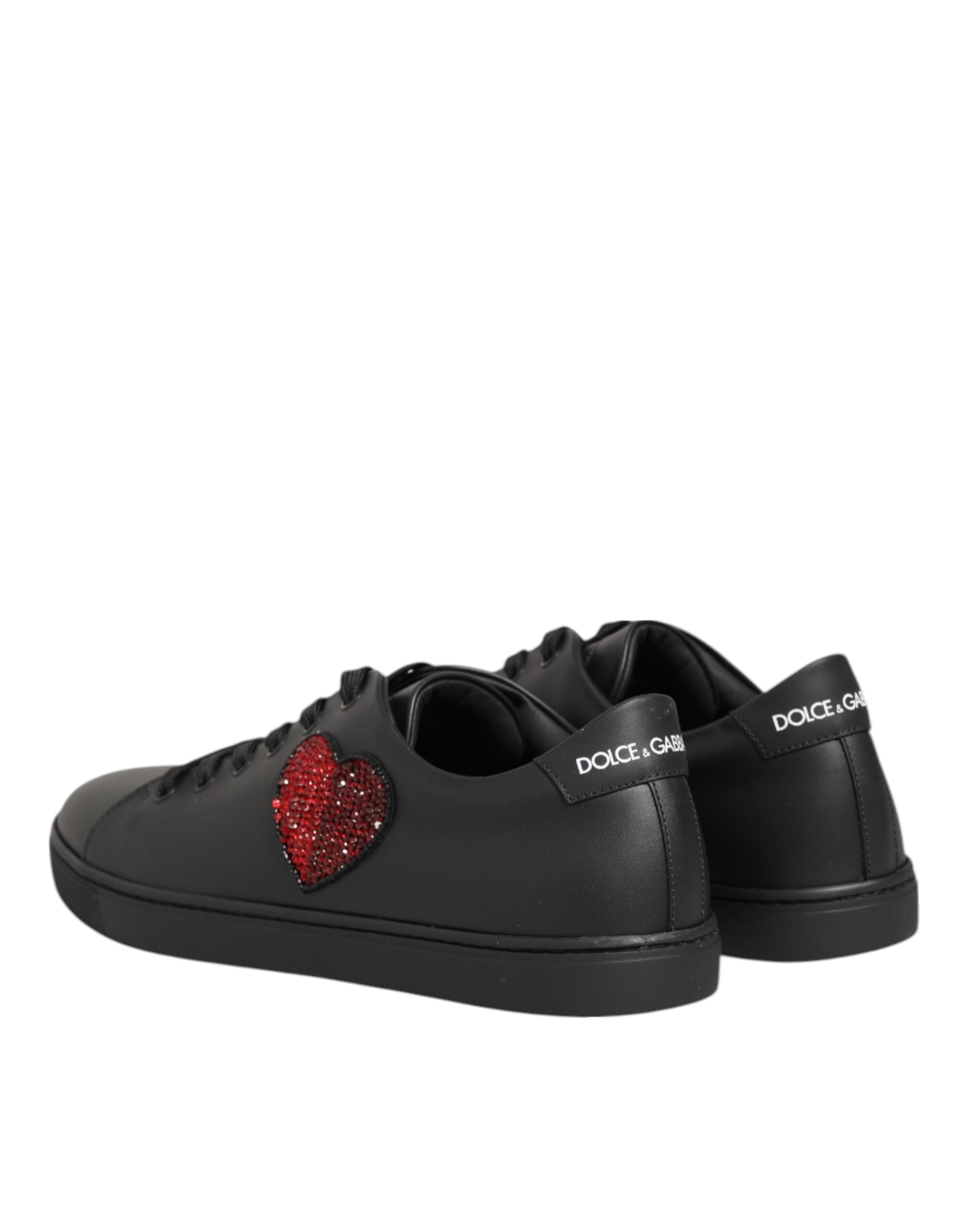 Dolce & Gabbana Black Leather Crystal Heart Sneakers Shoes-5