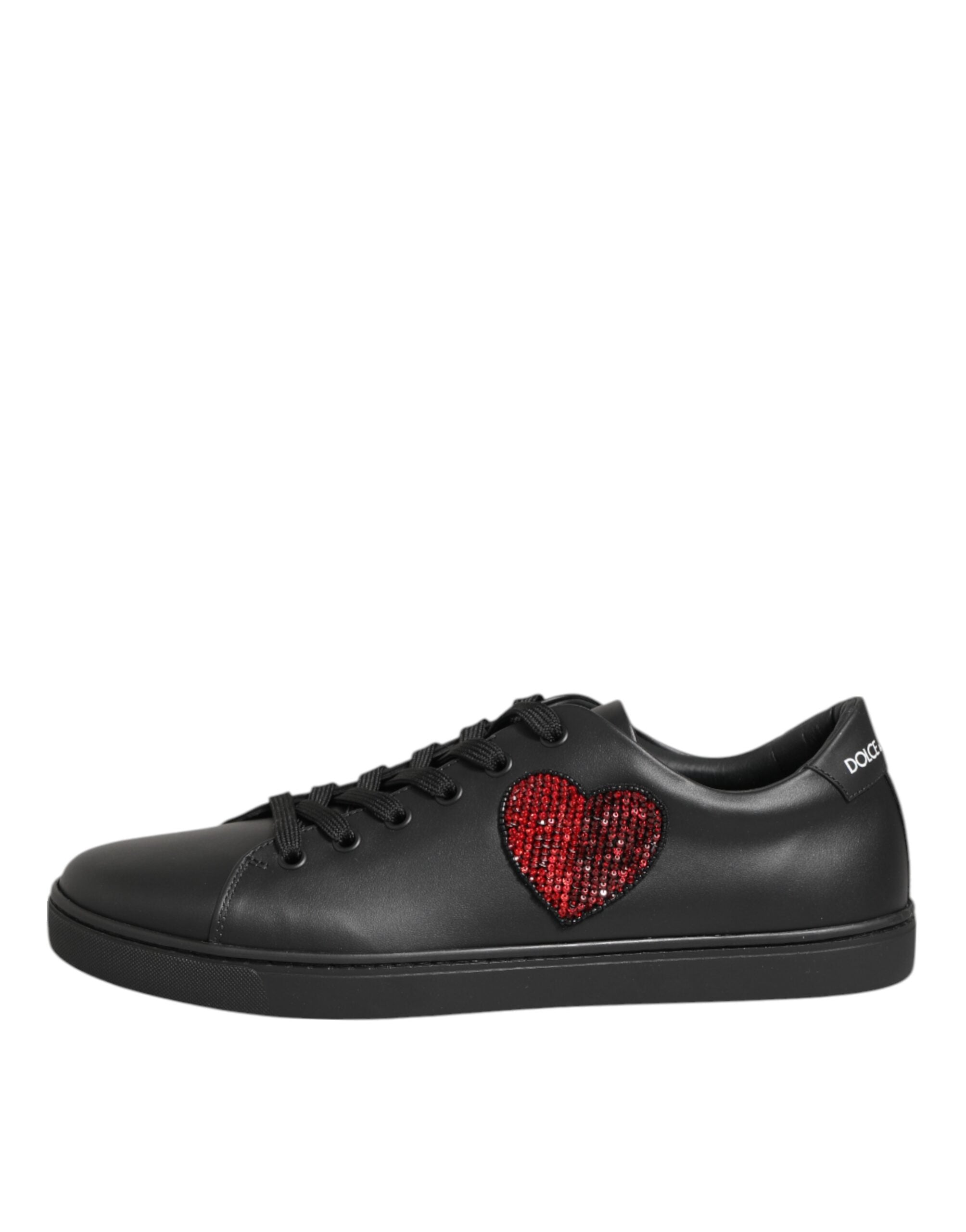 Dolce & Gabbana Black Leather Crystal Heart Sneakers Shoes-6