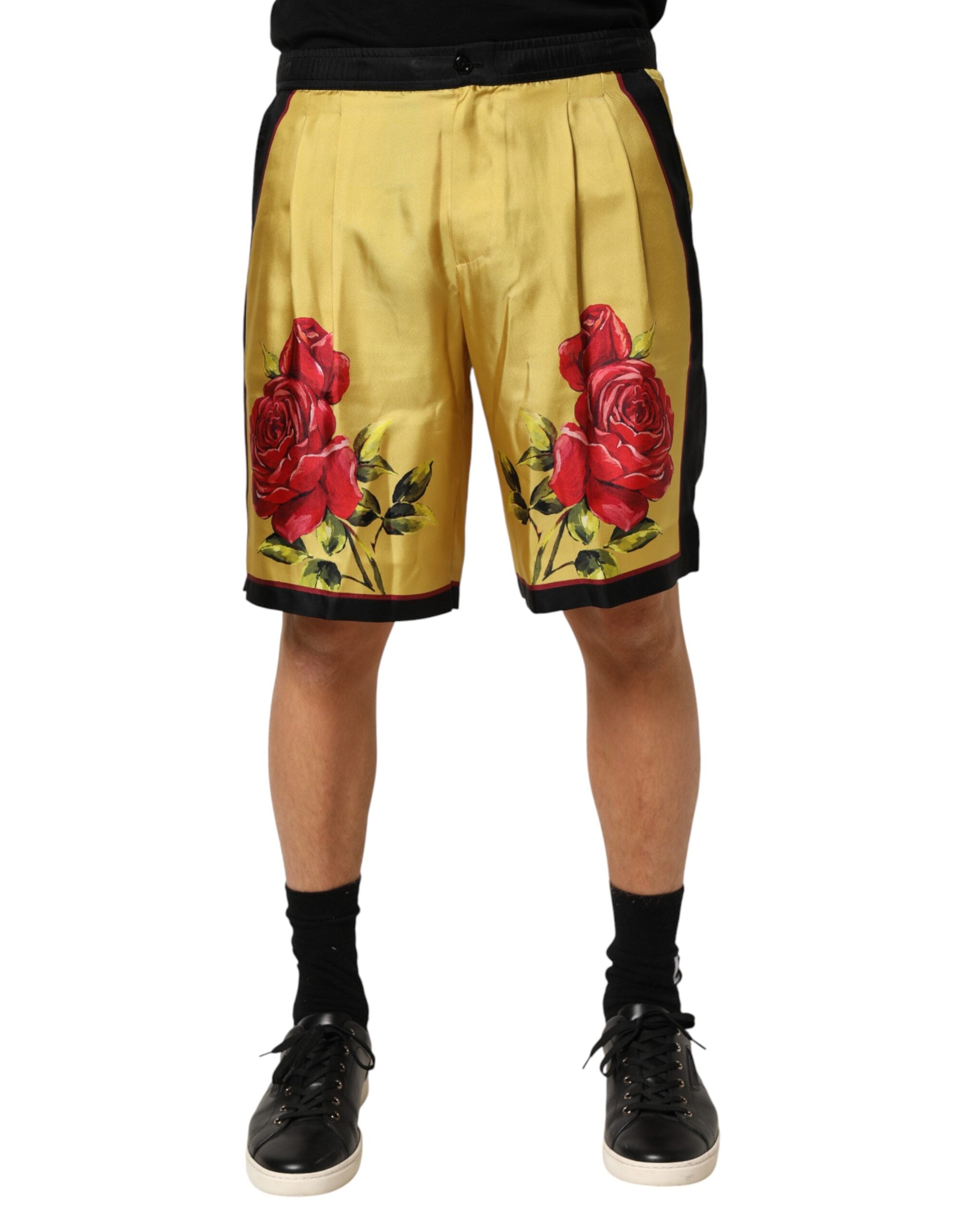 Dolce & Gabbana Yellow Floral Pattern Silk Bermuda Shorts-1